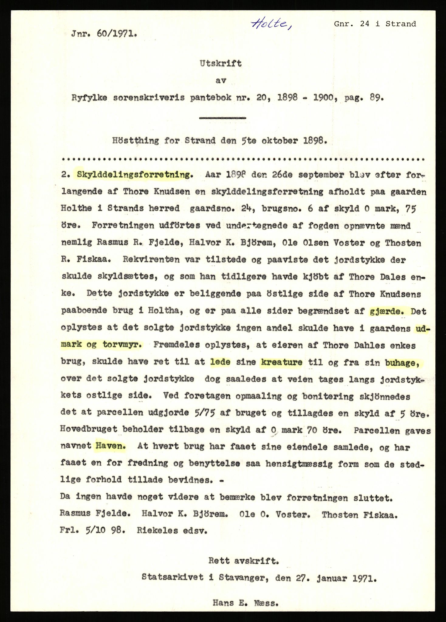 Statsarkivet i Stavanger, AV/SAST-A-101971/03/Y/Yj/L0039: Avskrifter sortert etter gårdsnavn: Holte i Strand - Hovland i Ørsdalen, 1750-1930, p. 88