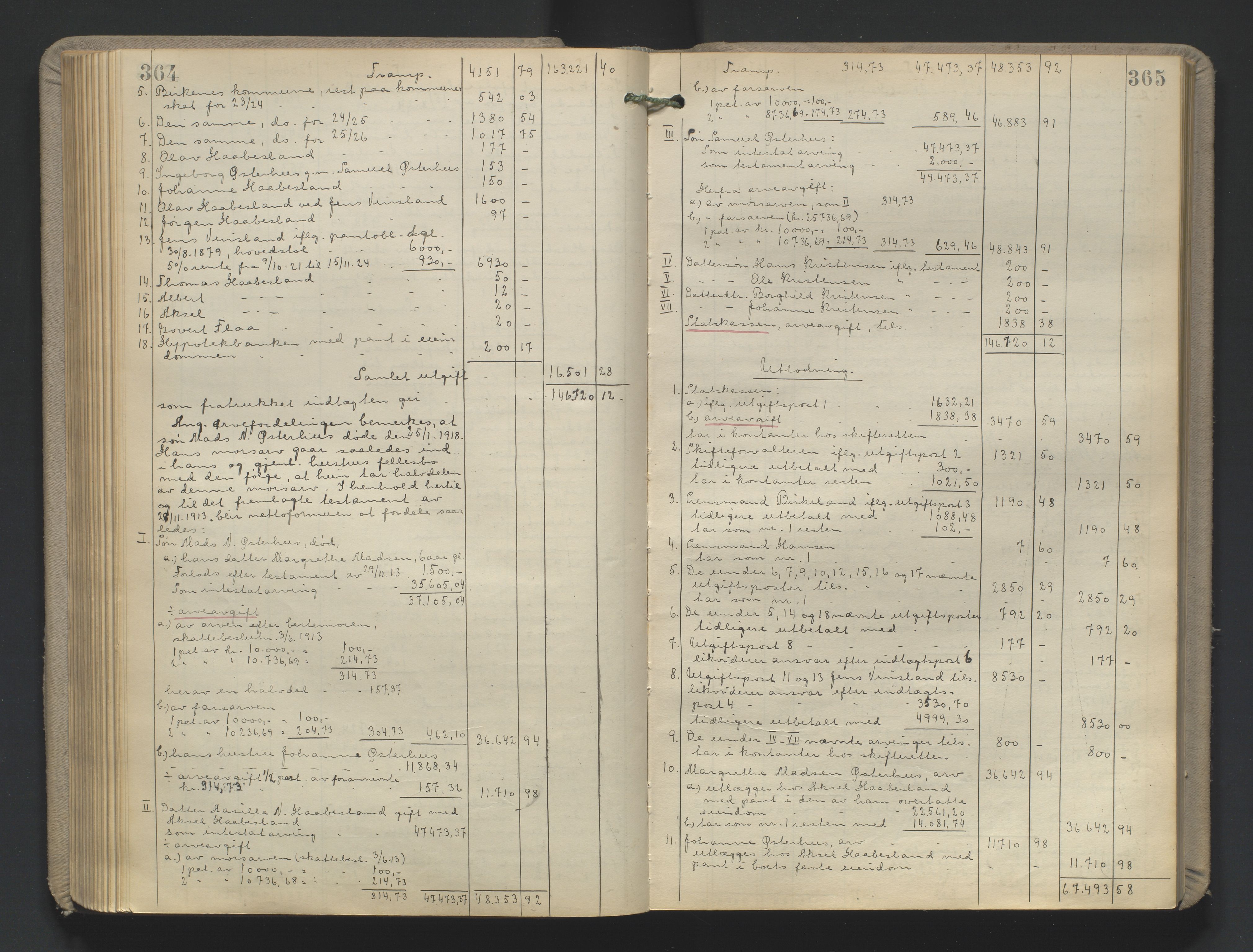 Vestre Nedenes/Sand sorenskriveri, AV/SAK-1221-0010/H/Hc/L0022: Skifteutlodningsprotokoll nr. 9, 1919-1932, p. 364-365