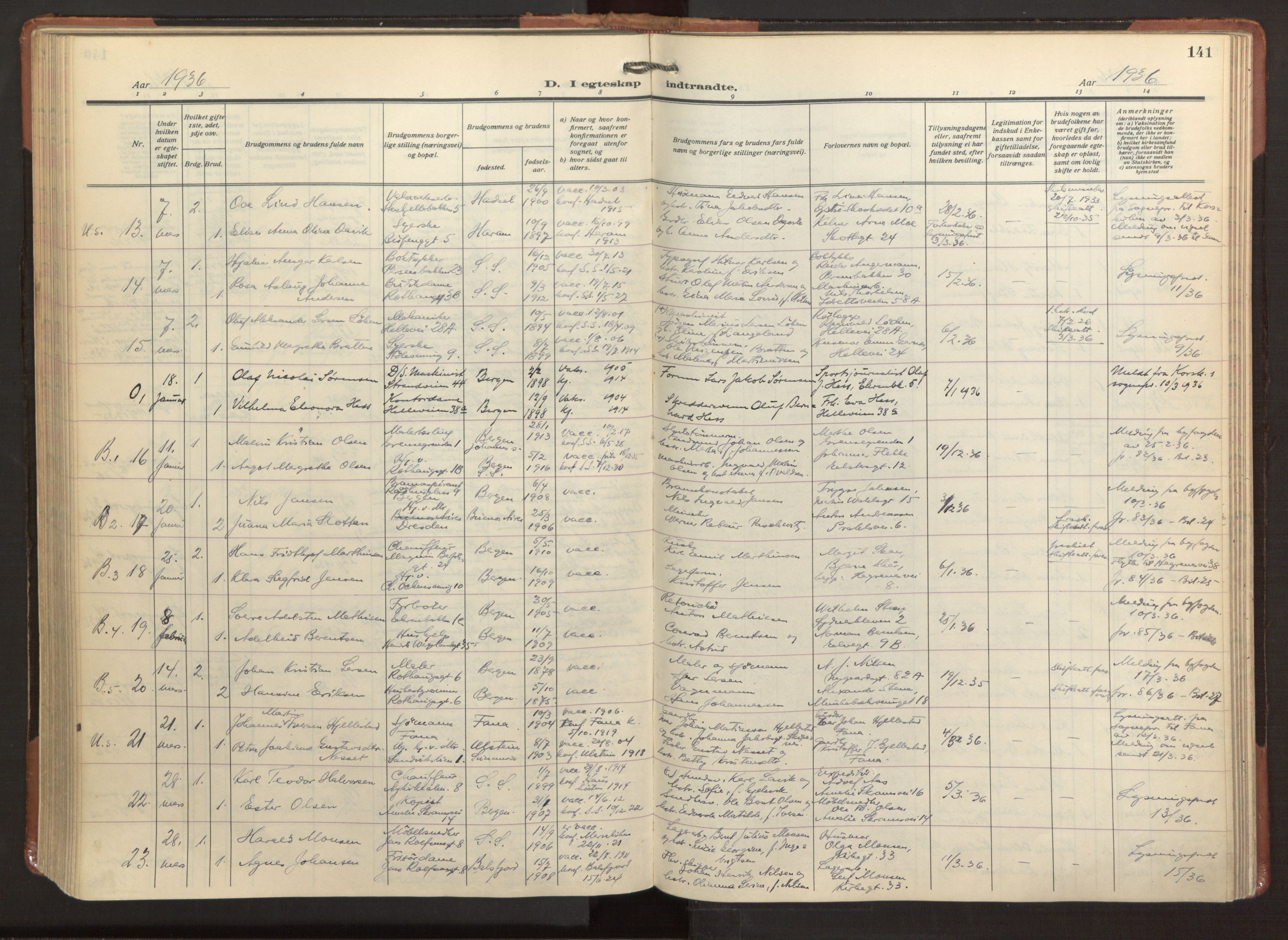 Sandviken Sokneprestembete, AV/SAB-A-77601/H/Ha/L0016: Parish register (official) no. D 3, 1923-1940, p. 141