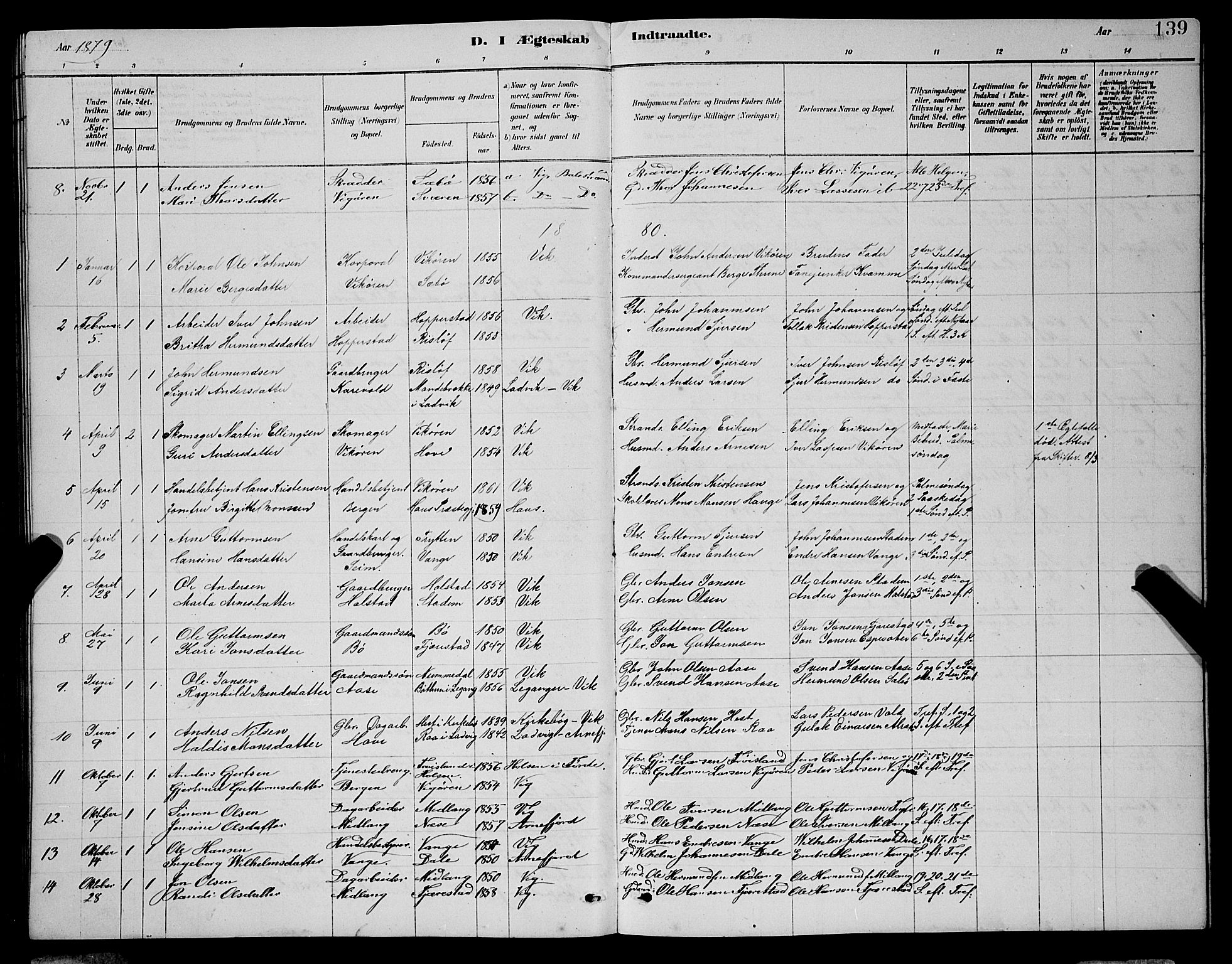 Vik sokneprestembete, AV/SAB-A-81501/H/Hab/Haba/L0003: Parish register (copy) no. A 3, 1878-1894, p. 139