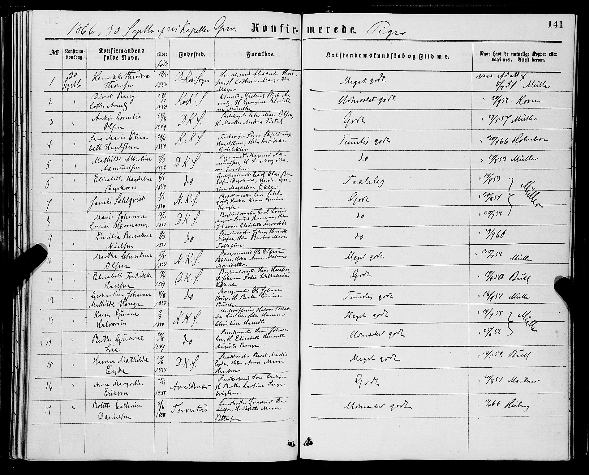 Domkirken sokneprestembete, AV/SAB-A-74801/H/Haa/L0029: Parish register (official) no. C 4, 1864-1879, p. 141