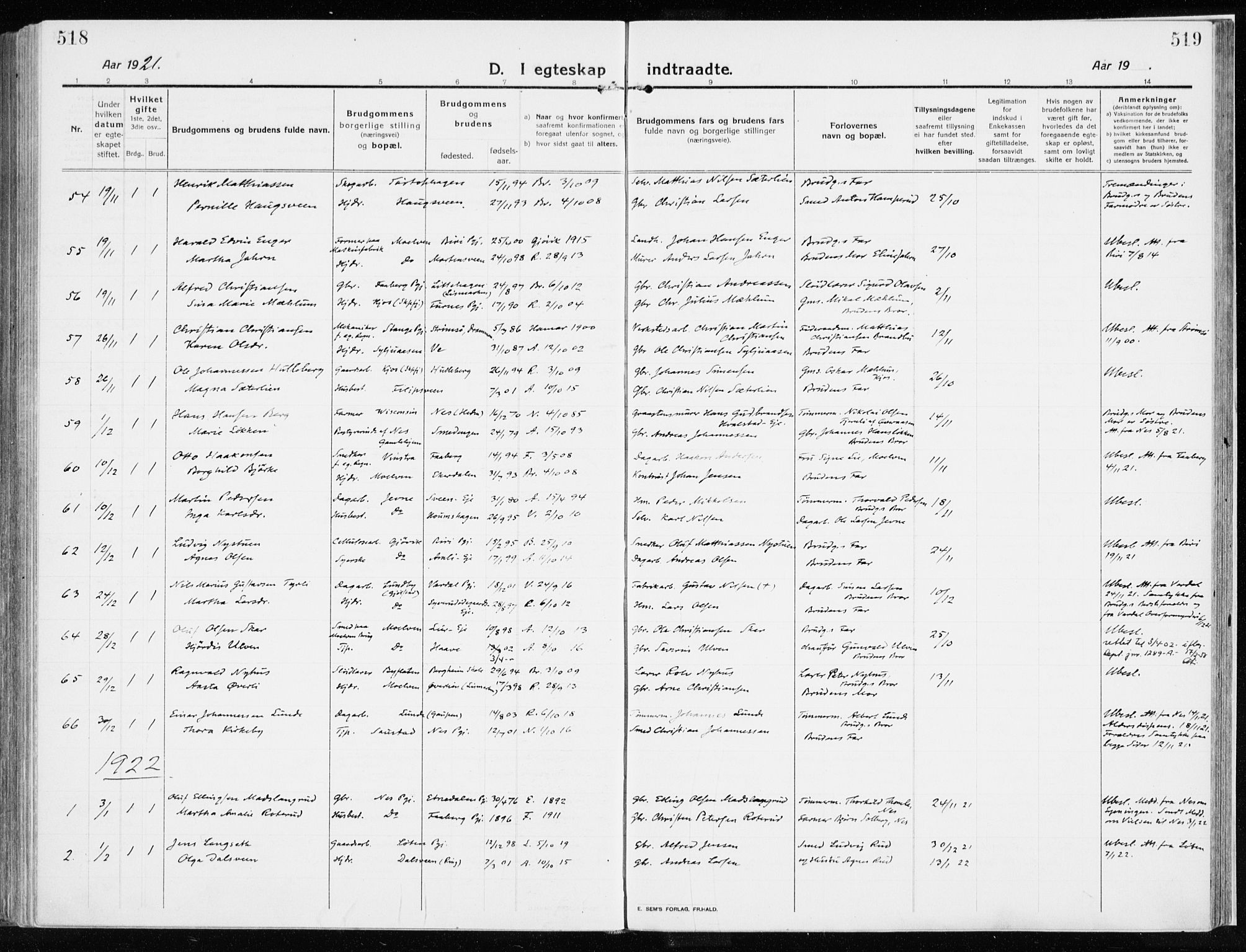 Ringsaker prestekontor, AV/SAH-PREST-014/K/Ka/L0020: Parish register (official) no. 20, 1913-1922, p. 518-519