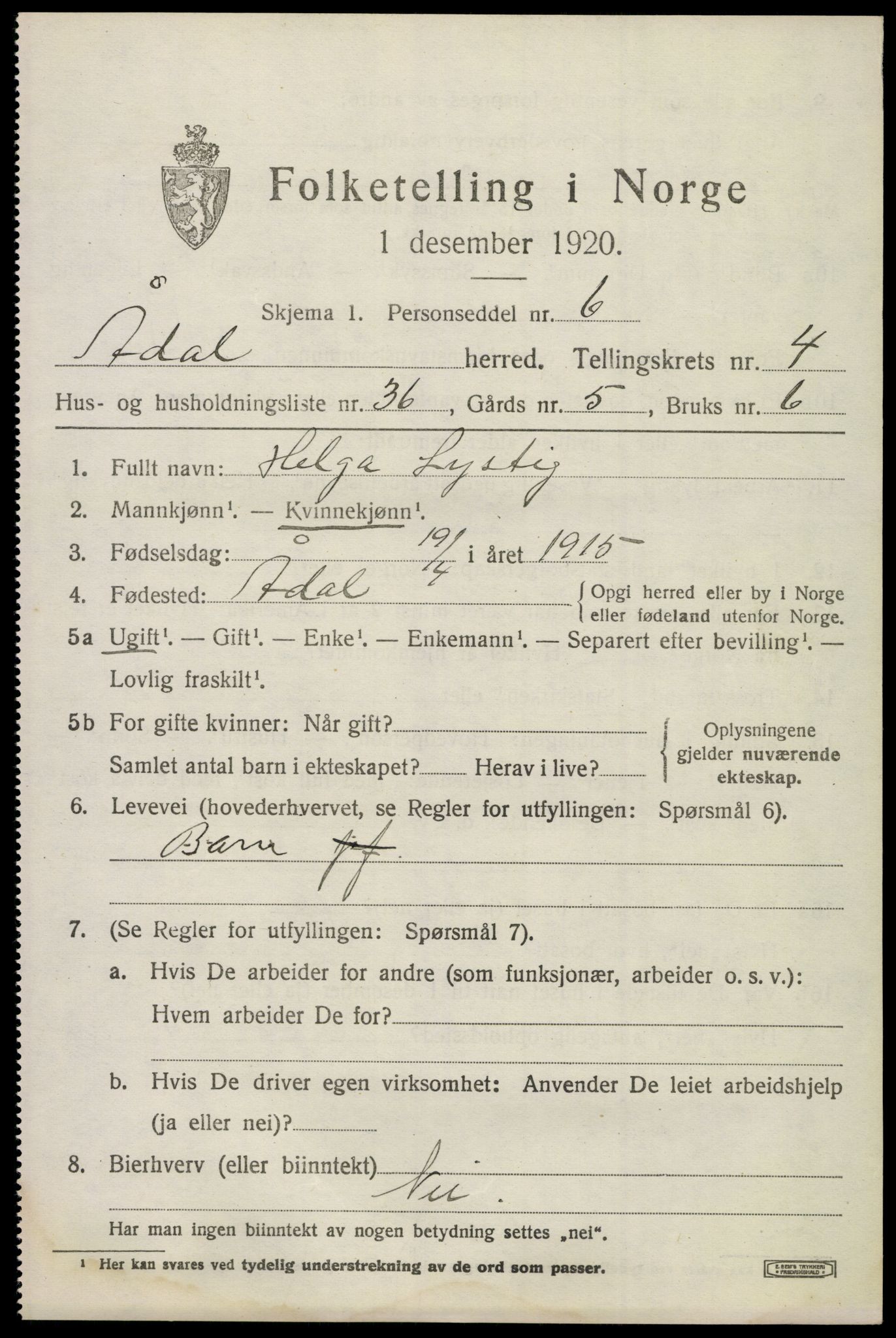 SAKO, 1920 census for Ådal, 1920, p. 4054