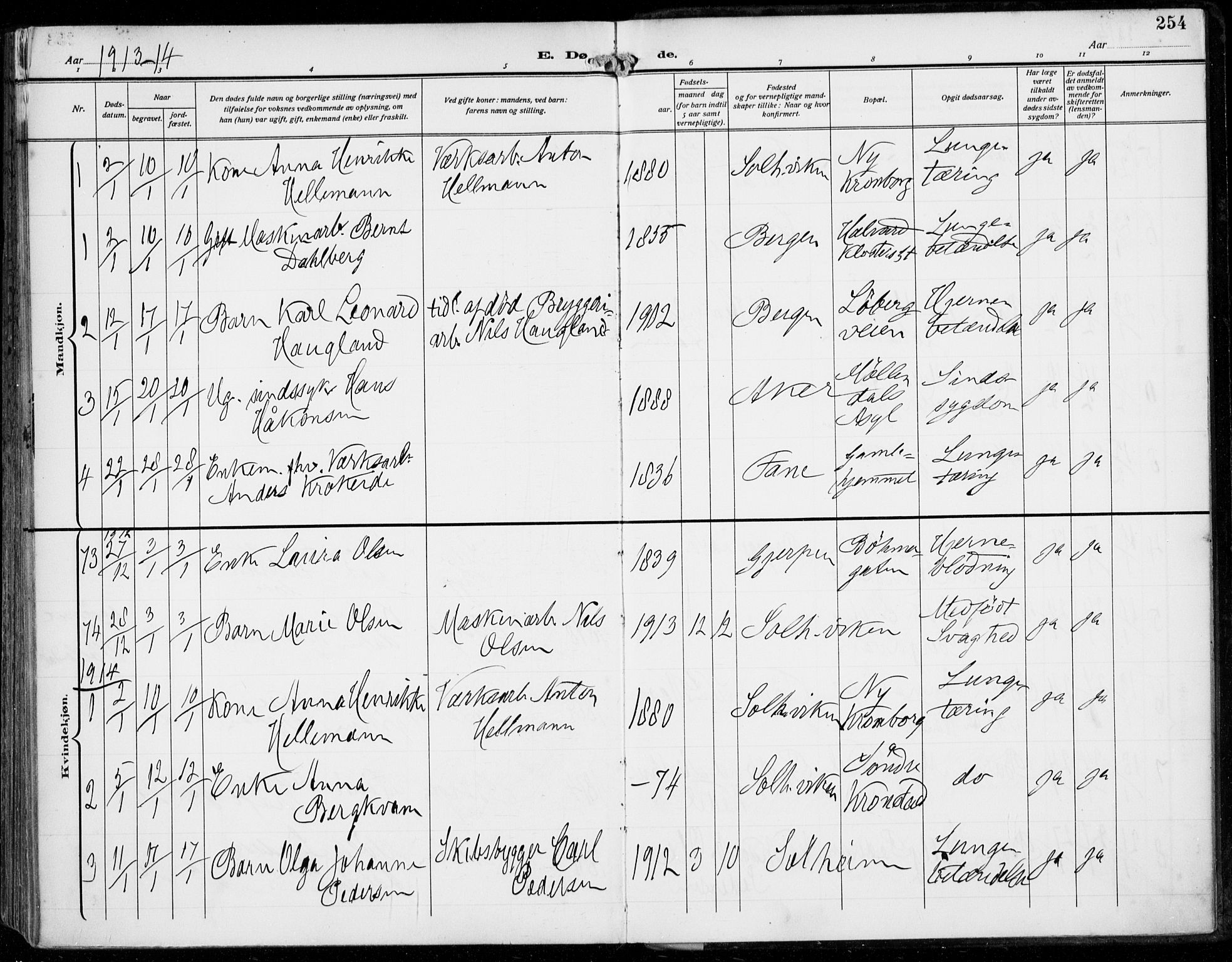 Årstad Sokneprestembete, SAB/A-79301/H/Haa/L0009: Parish register (official) no. C 1, 1902-1918, p. 254