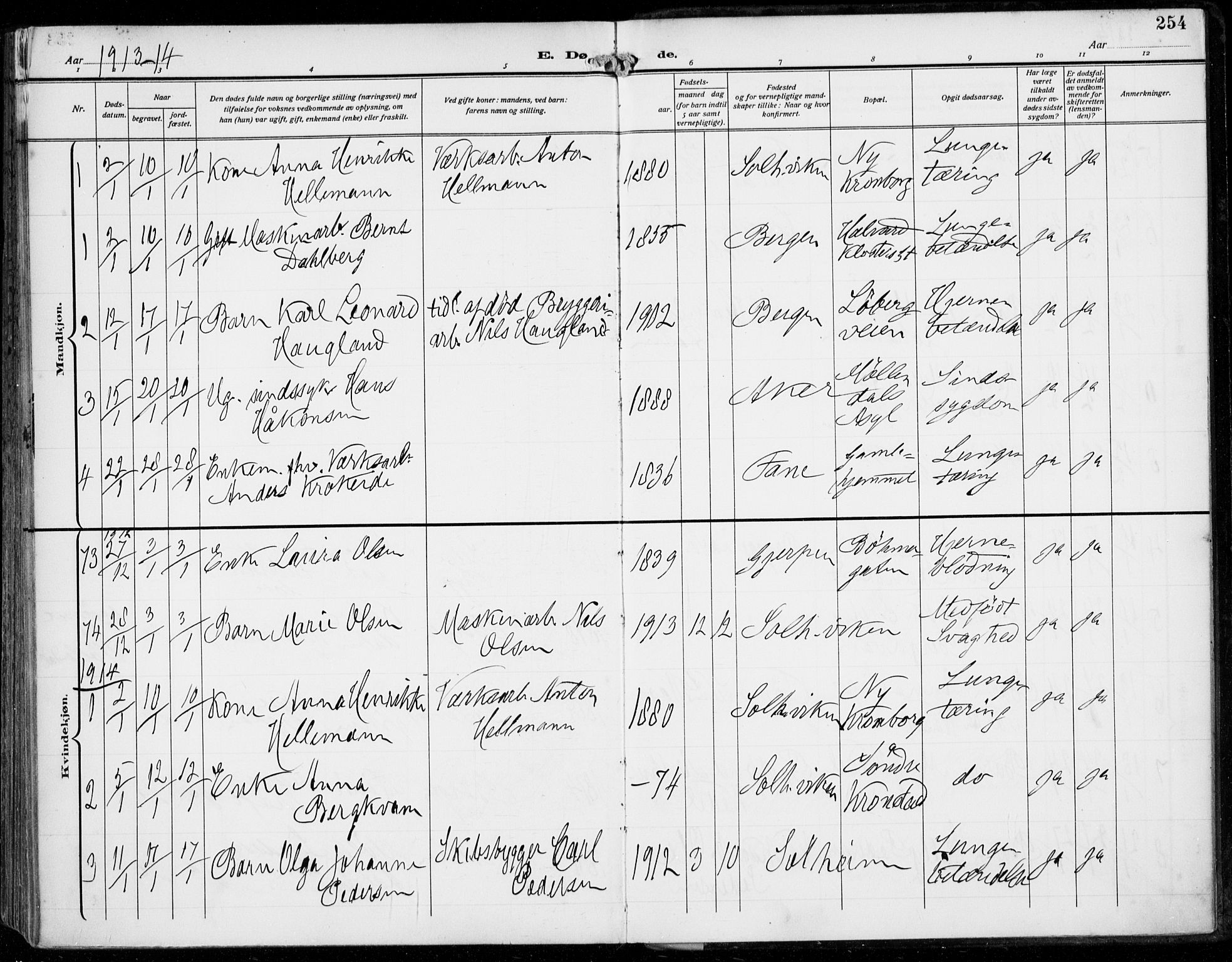 Årstad Sokneprestembete, AV/SAB-A-79301/H/Haa/L0009: Parish register (official) no. C 1, 1902-1918, p. 254