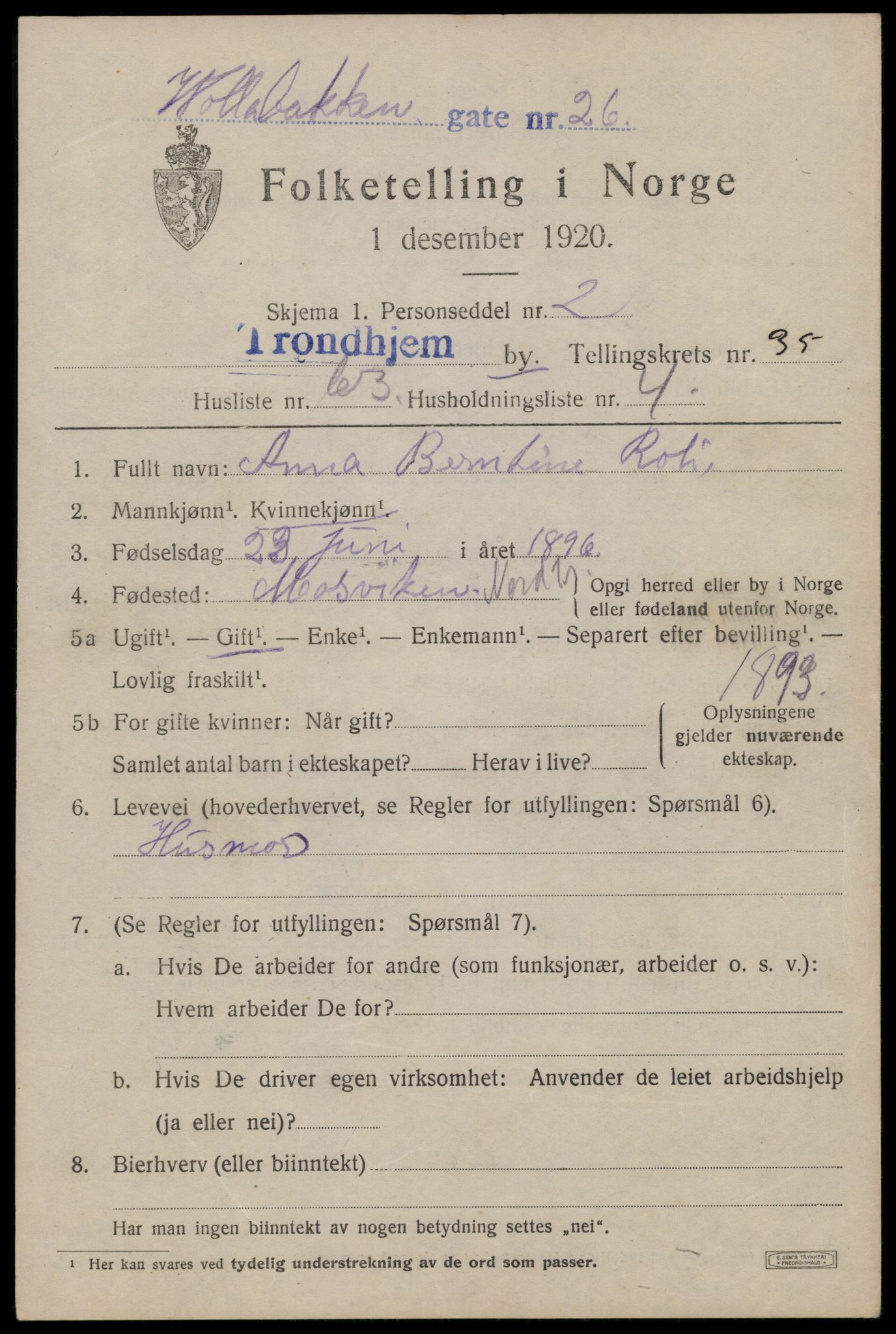 SAT, 1920 census for Trondheim, 1920, p. 80622