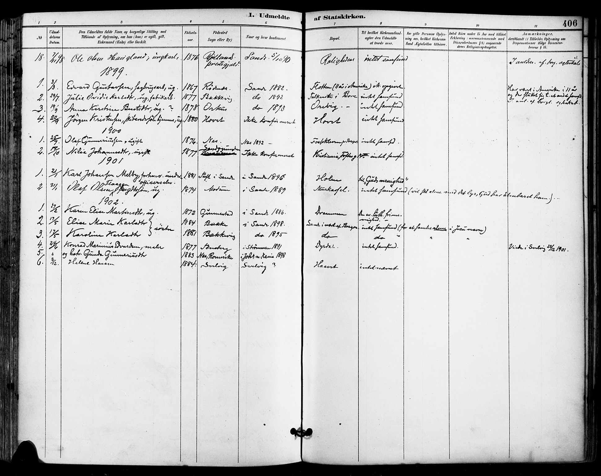 Sande Kirkebøker, AV/SAKO-A-53/F/Fa/L0007: Parish register (official) no. 7, 1888-1903, p. 406