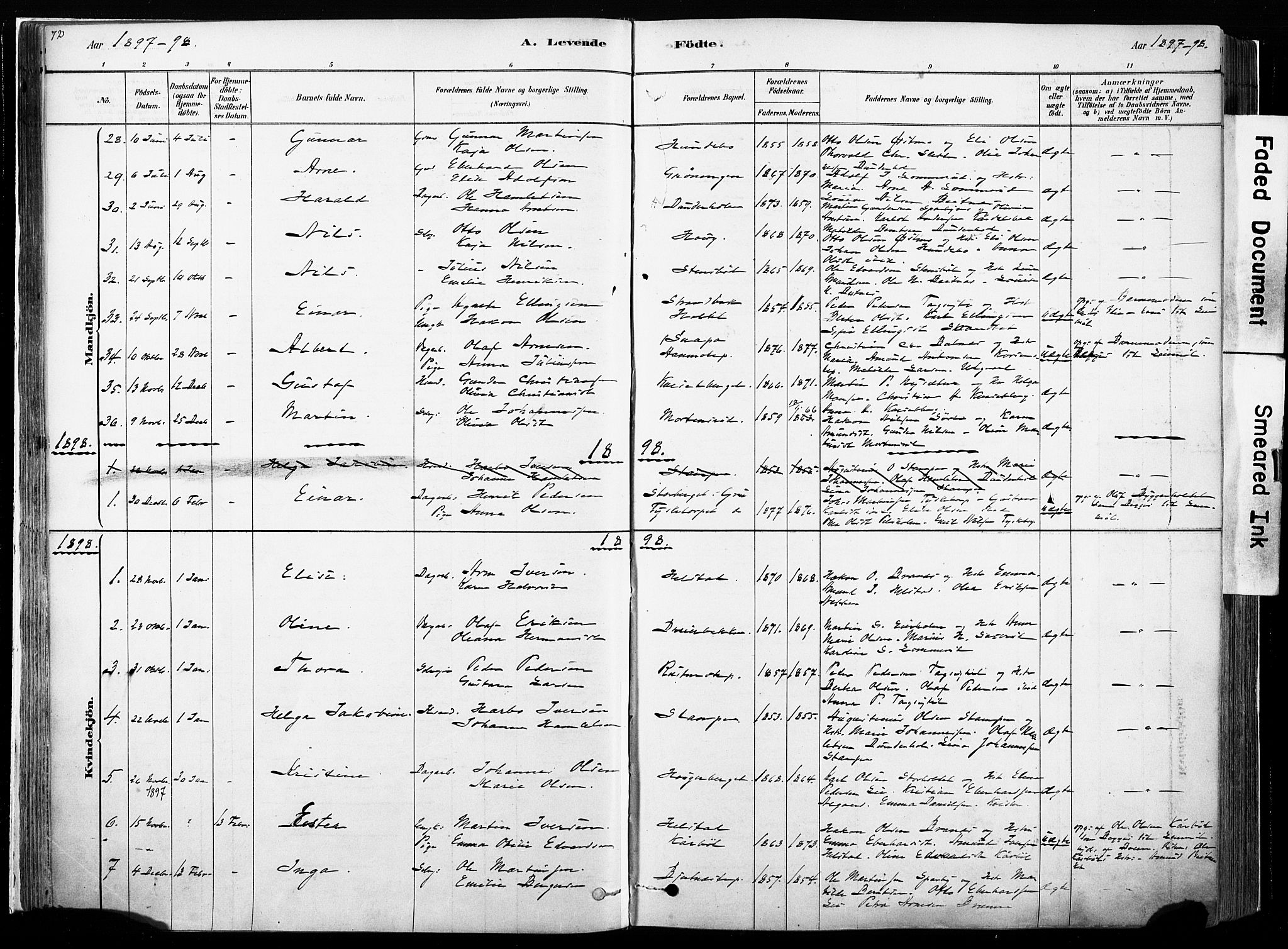 Hof prestekontor, SAH/PREST-038/H/Ha/Haa/L0010: Parish register (official) no. 10, 1878-1909, p. 72