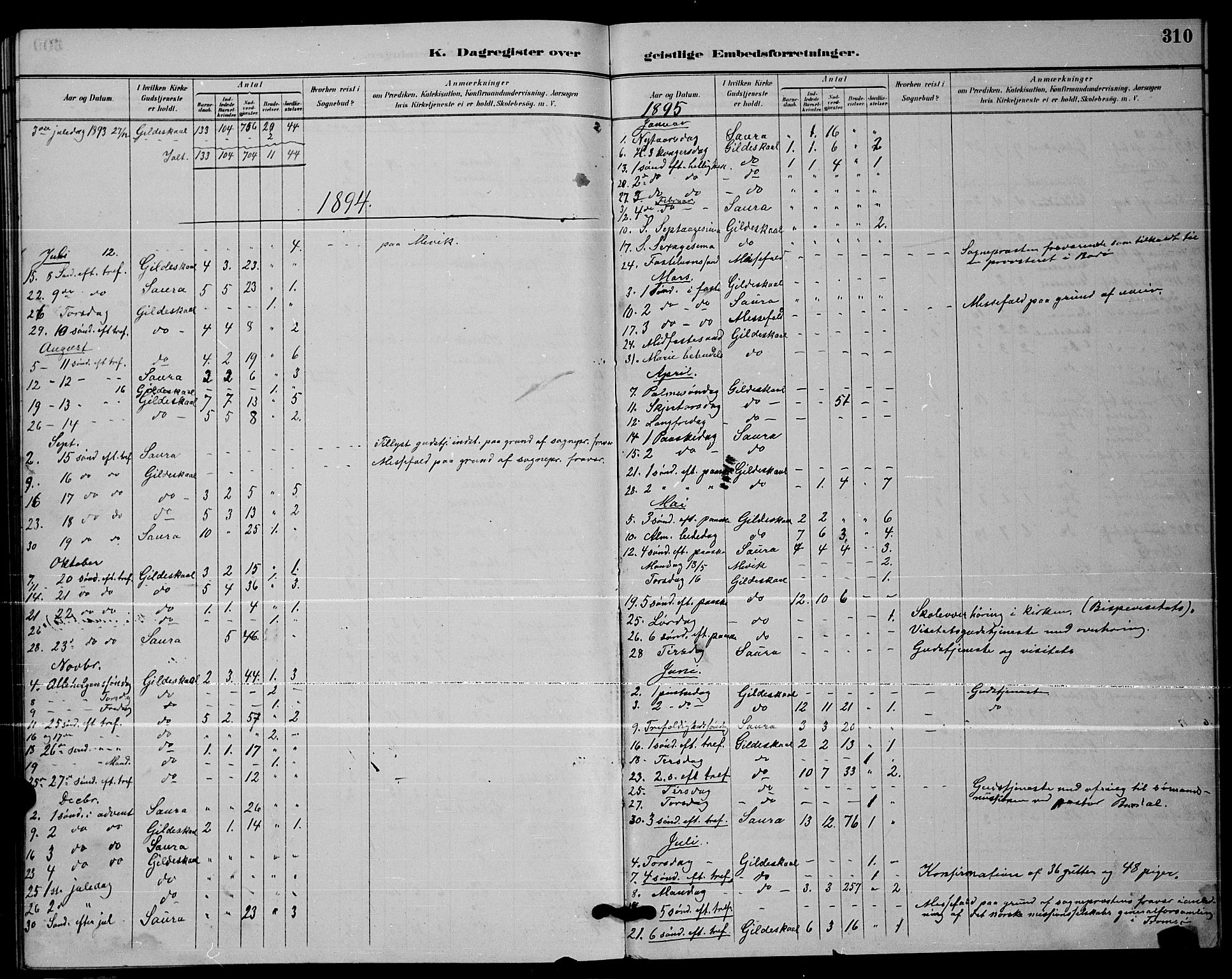 Ministerialprotokoller, klokkerbøker og fødselsregistre - Nordland, AV/SAT-A-1459/805/L0108: Parish register (copy) no. 805C04, 1885-1899, p. 310