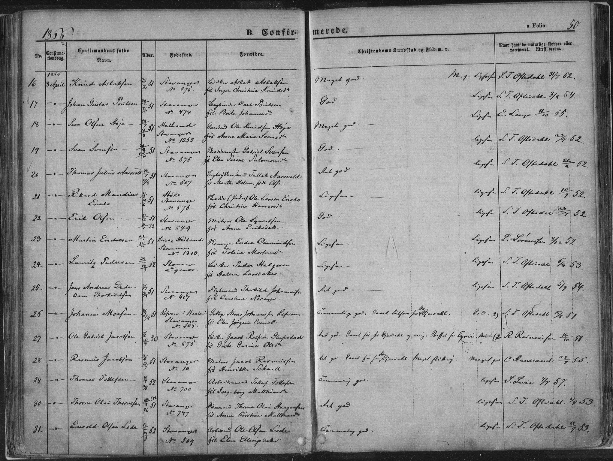 Domkirken sokneprestkontor, AV/SAST-A-101812/001/30/30BA/L0018: Parish register (official) no. A 17, 1857-1877, p. 50