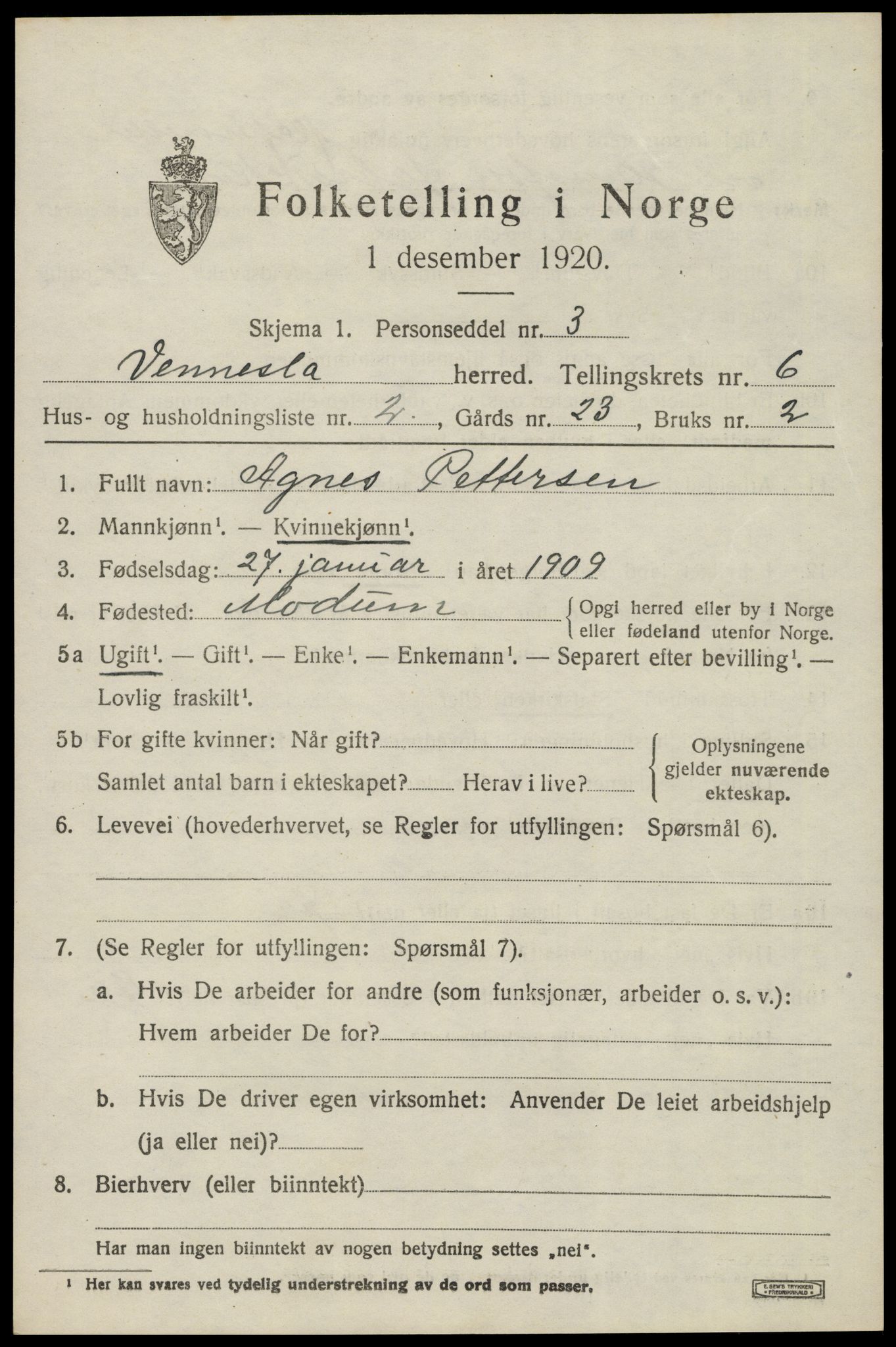 SAK, 1920 census for Vennesla, 1920, p. 4322