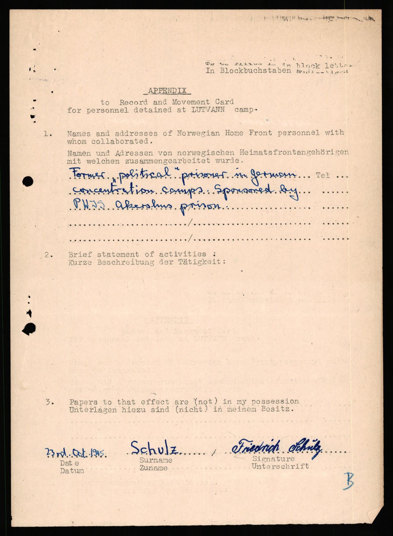 Forsvaret, Forsvarets overkommando II, AV/RA-RAFA-3915/D/Db/L0030: CI Questionaires. Tyske okkupasjonsstyrker i Norge. Tyskere., 1945-1946, p. 381