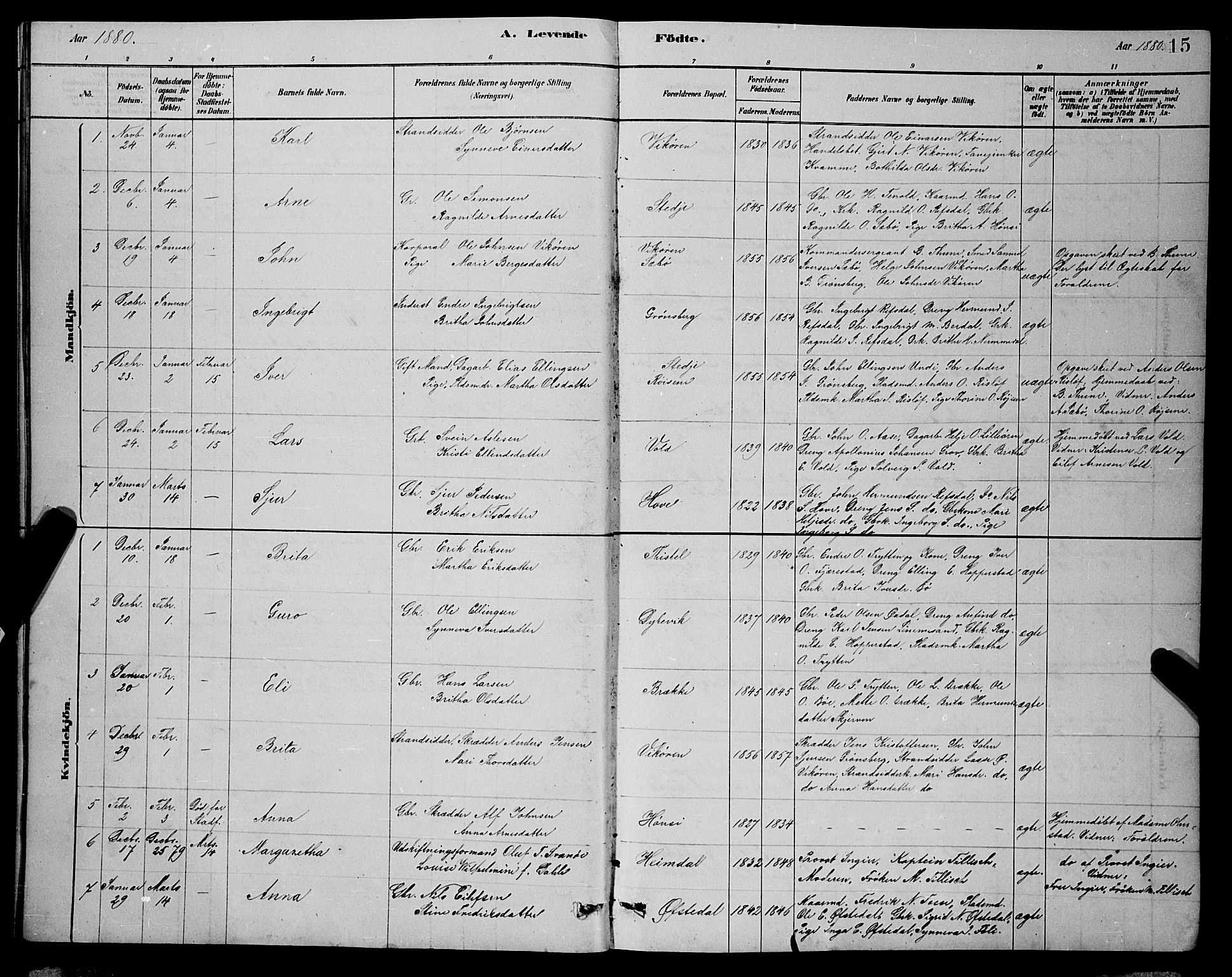 Vik sokneprestembete, SAB/A-81501: Parish register (copy) no. A 3, 1878-1894, p. 15