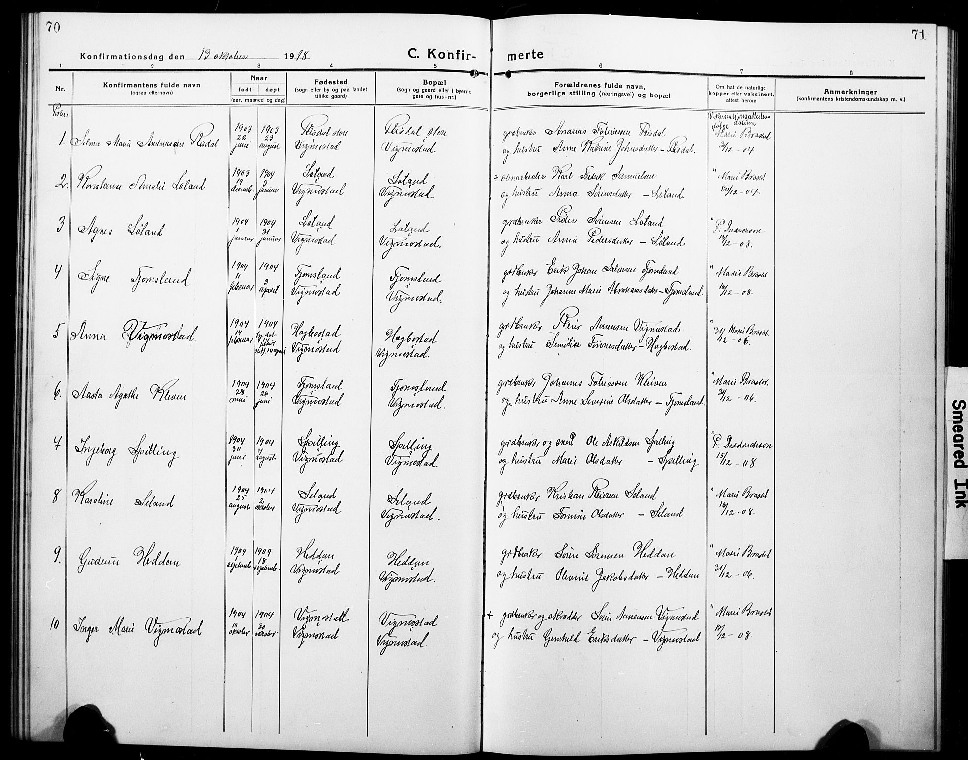 Nord-Audnedal sokneprestkontor, SAK/1111-0032/F/Fb/Fbb/L0005: Parish register (copy) no. B 5, 1918-1929, p. 70-71
