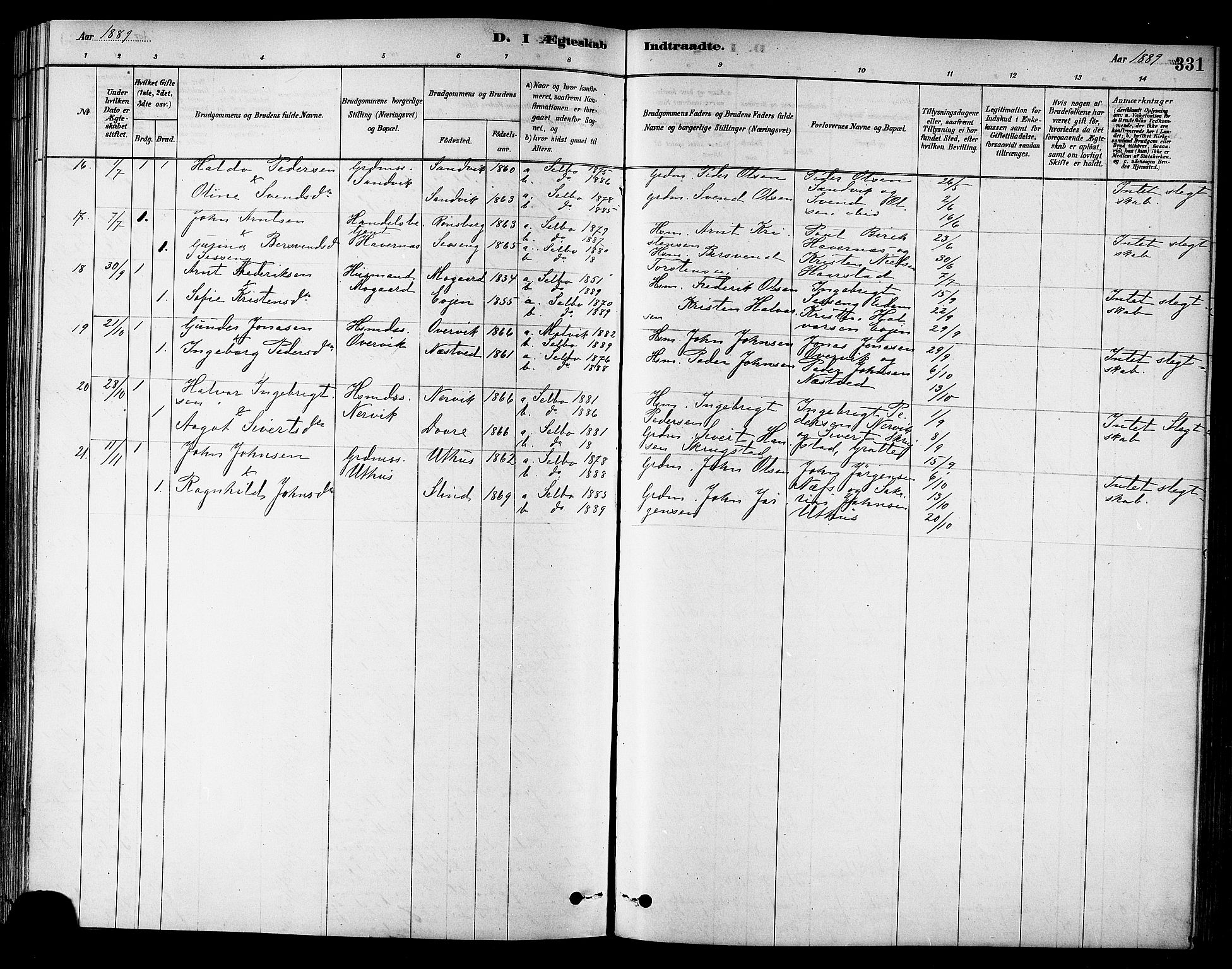 Ministerialprotokoller, klokkerbøker og fødselsregistre - Sør-Trøndelag, SAT/A-1456/695/L1148: Parish register (official) no. 695A08, 1878-1891, p. 331