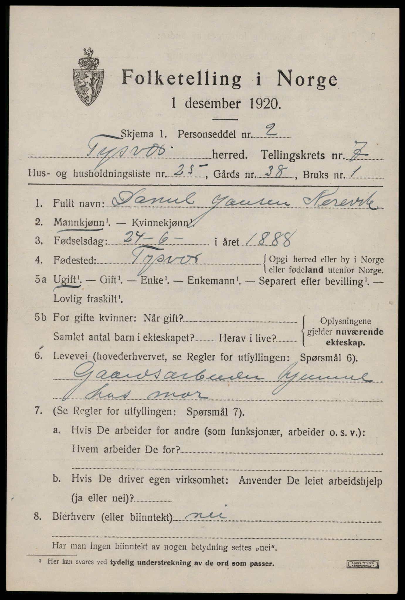 SAST, 1920 census for Tysvær, 1920, p. 2638