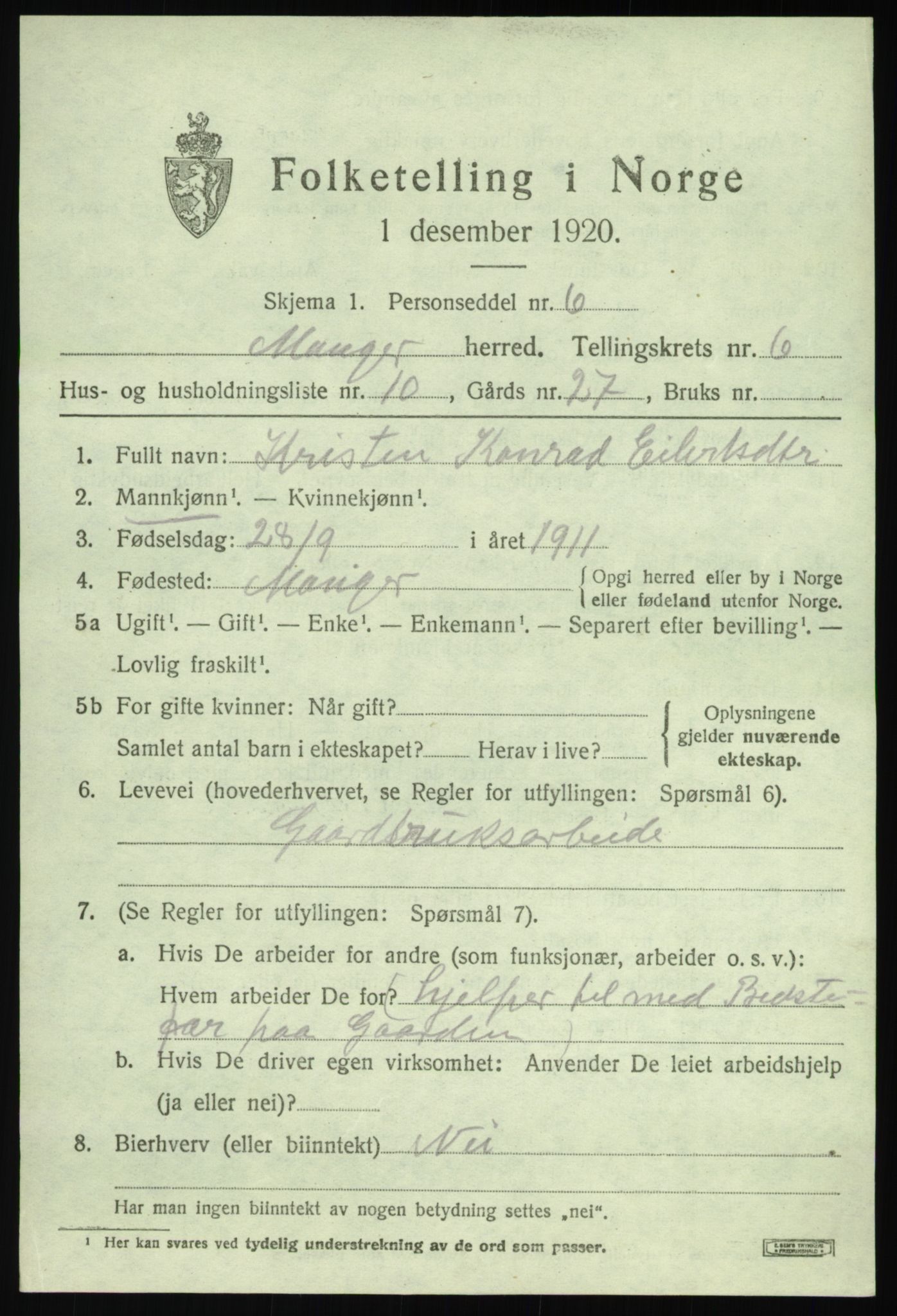 SAB, 1920 census for Manger, 1920, p. 3981