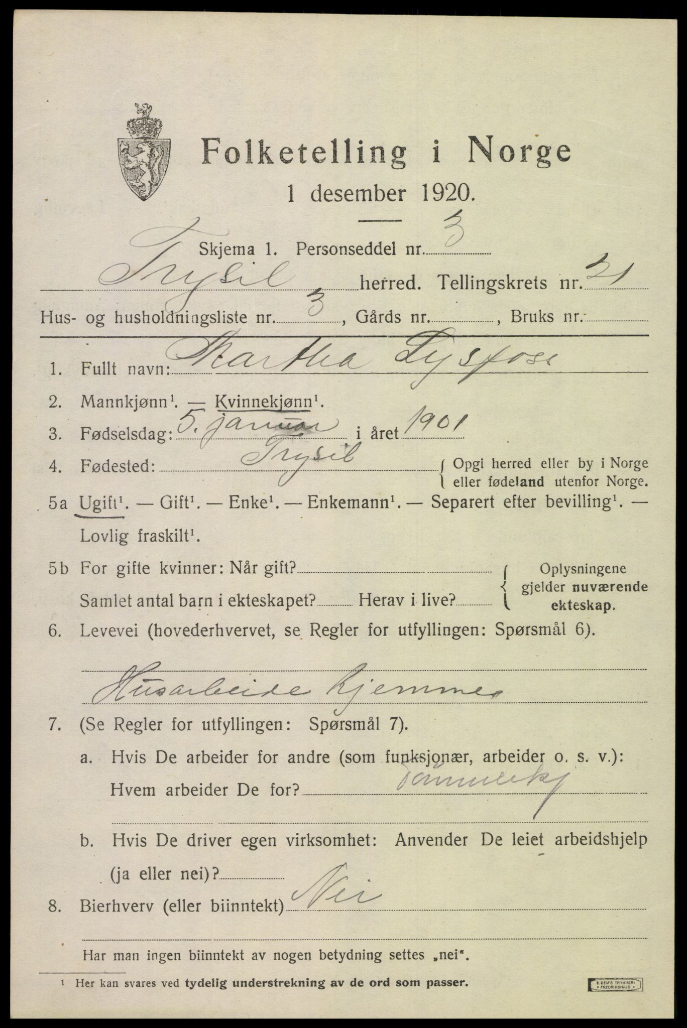 SAH, 1920 census for Trysil, 1920, p. 13774