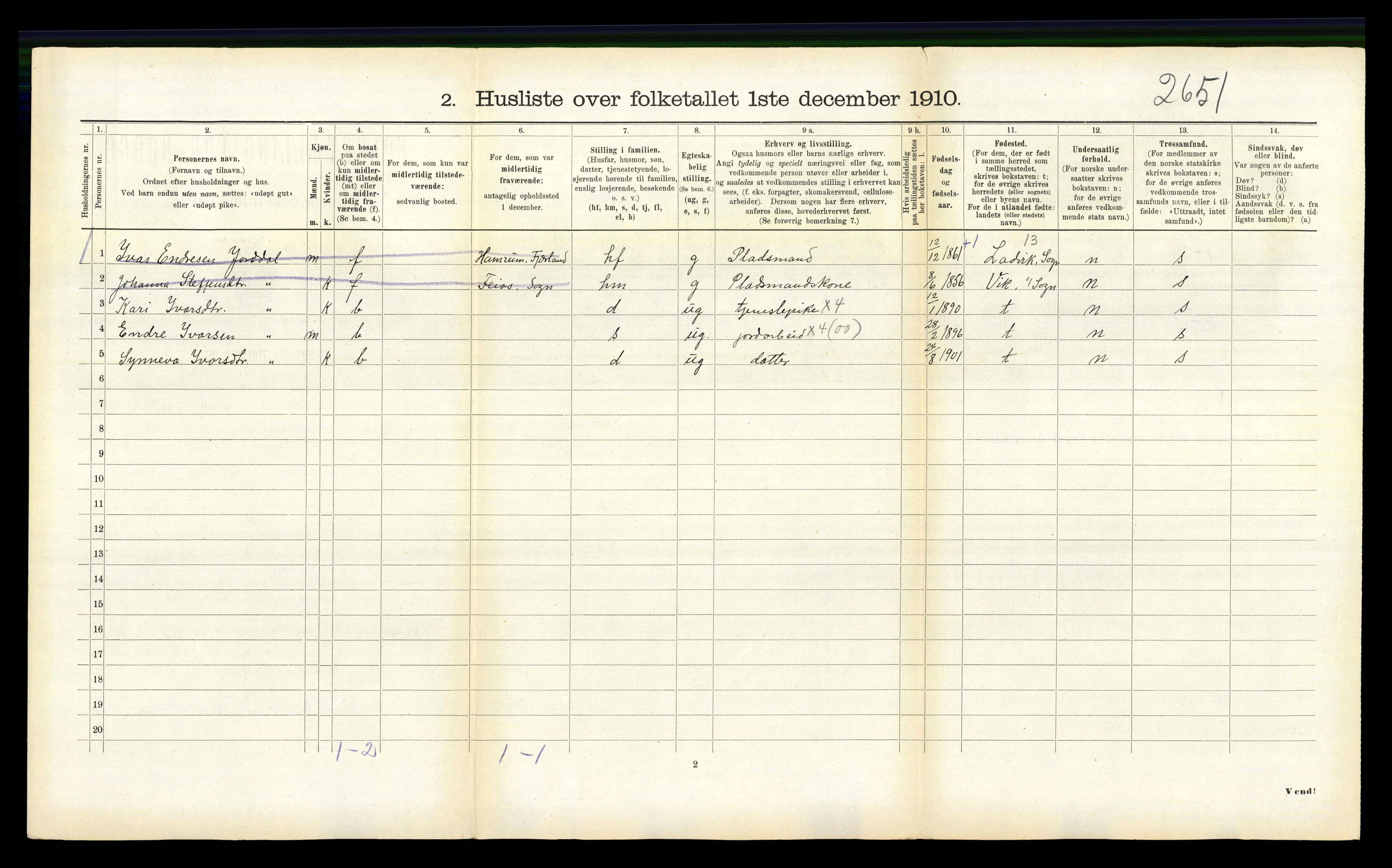 RA, 1910 census for Balestrand, 1910, p. 525