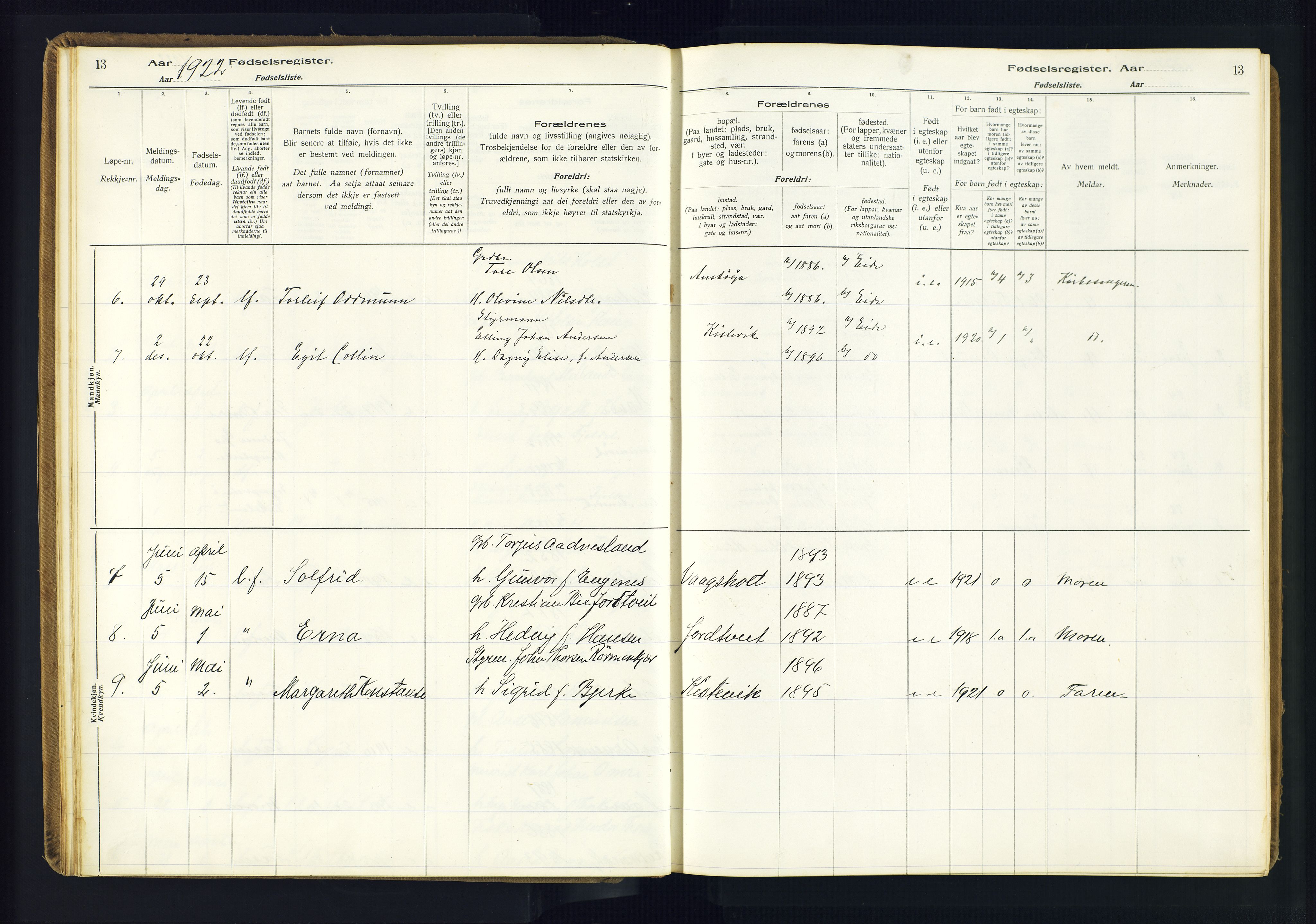 Hommedal sokneprestkontor, SAK/1111-0023/J/Jd/L0003: Birth register no. 3, 1916-1982, p. 13