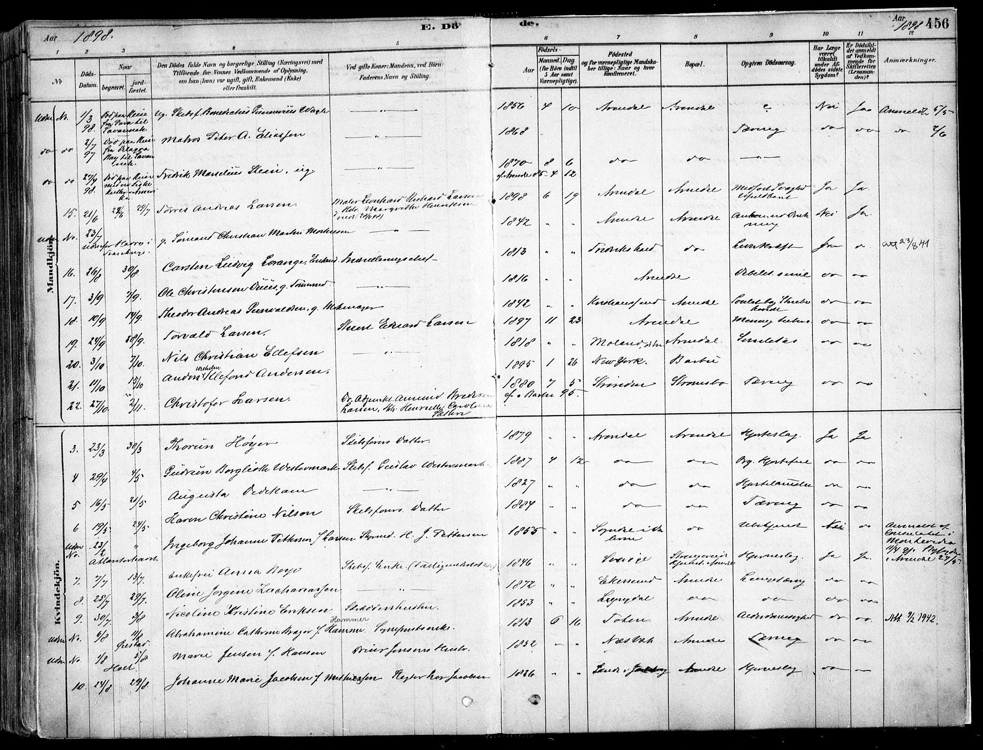 Arendal sokneprestkontor, Trefoldighet, AV/SAK-1111-0040/F/Fa/L0008: Parish register (official) no. A 8, 1878-1899, p. 456