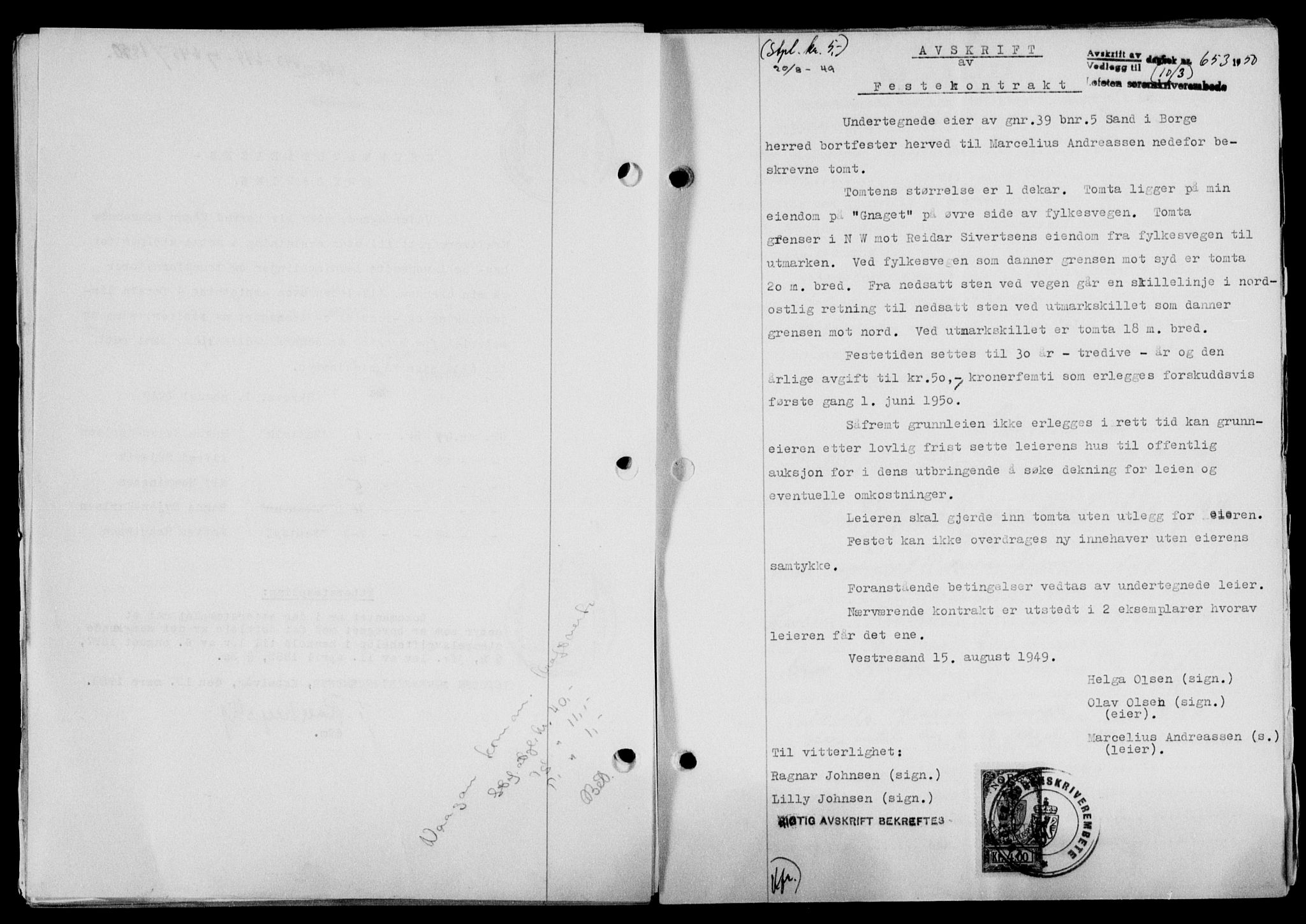 Lofoten sorenskriveri, SAT/A-0017/1/2/2C/L0023a: Mortgage book no. 23a, 1950-1950, Diary no: : 653/1950