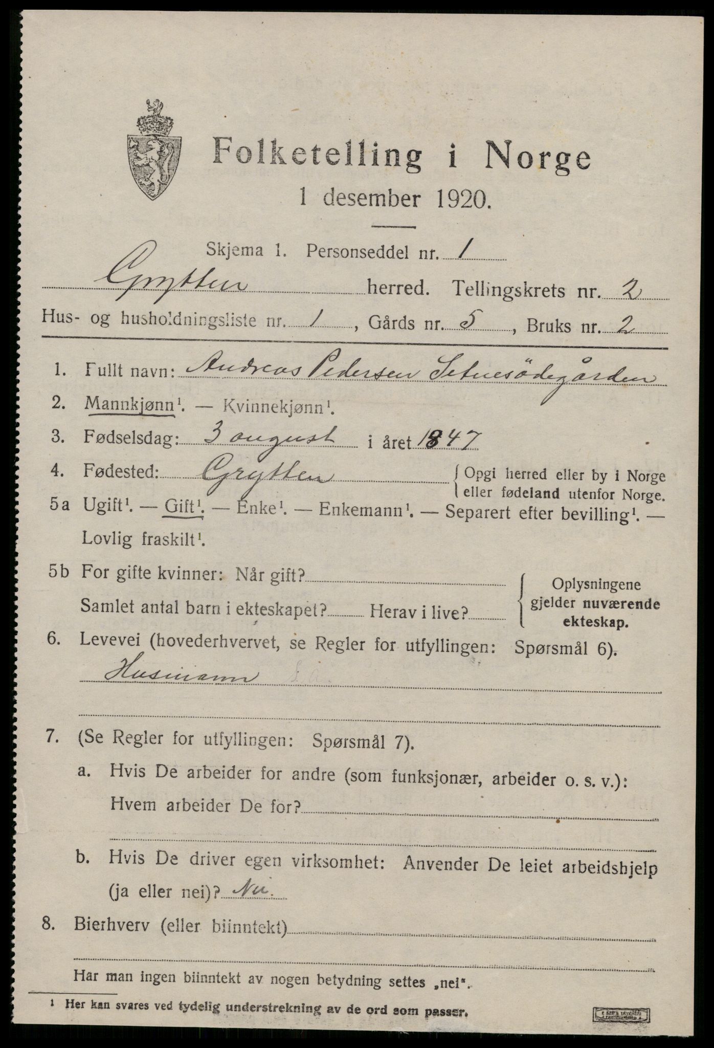 SAT, 1920 census for Grytten, 1920, p. 1890