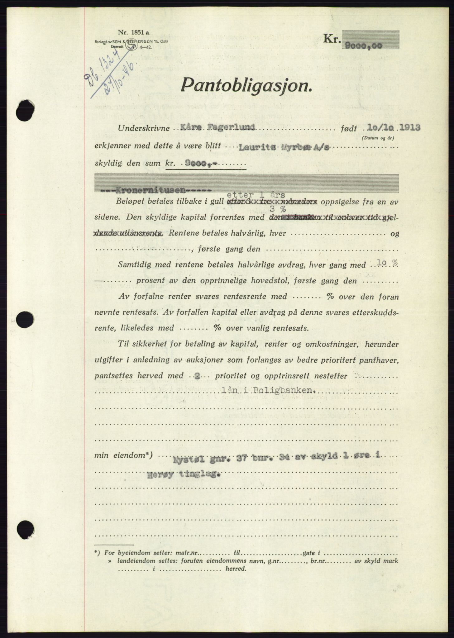 Søre Sunnmøre sorenskriveri, AV/SAT-A-4122/1/2/2C/L0114: Mortgage book no. 1-2B, 1943-1947, Diary no: : 1324/1946