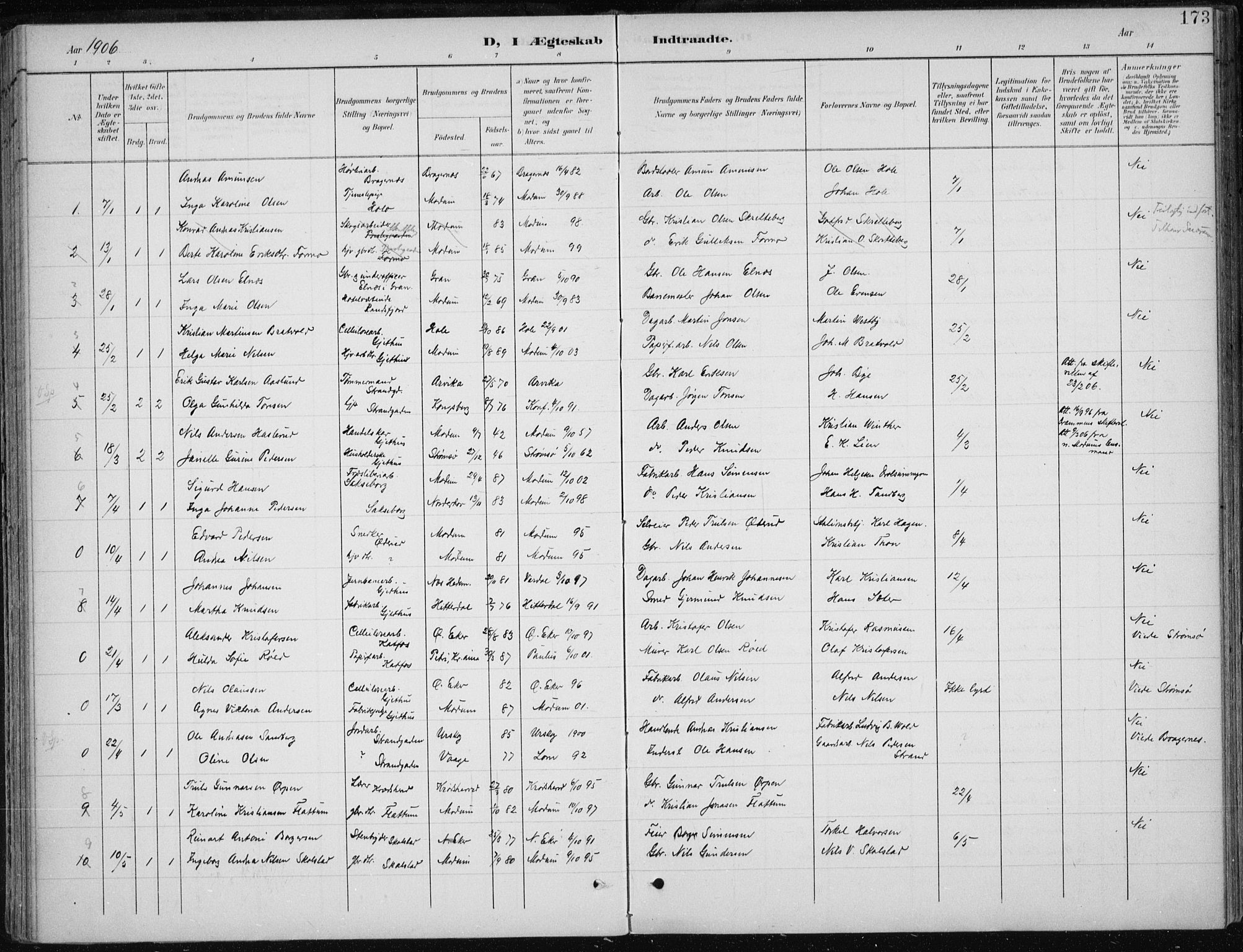 Modum kirkebøker, AV/SAKO-A-234/F/Fa/L0013: Parish register (official) no. 13, 1899-1907, p. 173