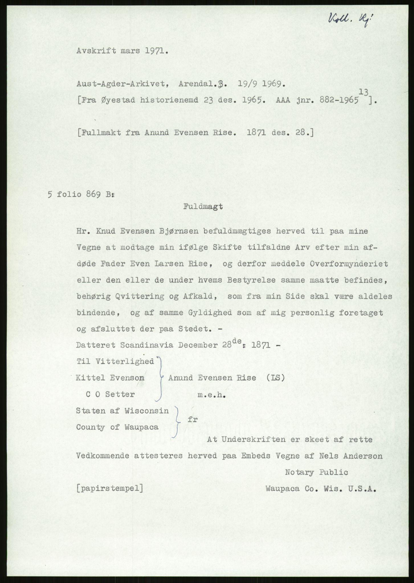 Samlinger til kildeutgivelse, Amerikabrevene, AV/RA-EA-4057/F/L0026: Innlån fra Aust-Agder: Aust-Agder-Arkivet - Erickson, 1838-1914, p. 481