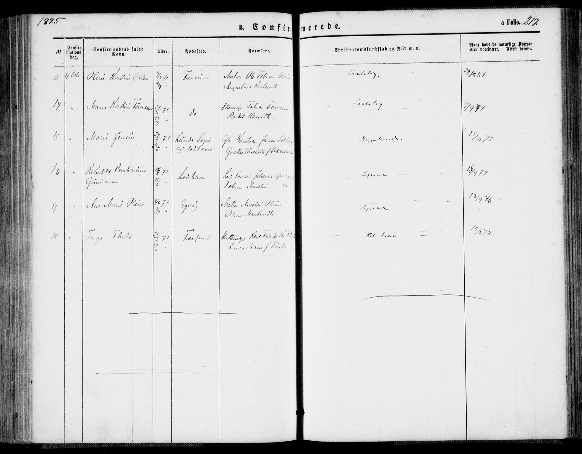 Farsund sokneprestkontor, AV/SAK-1111-0009/F/Fa/L0005: Parish register (official) no. A 5, 1863-1886, p. 217