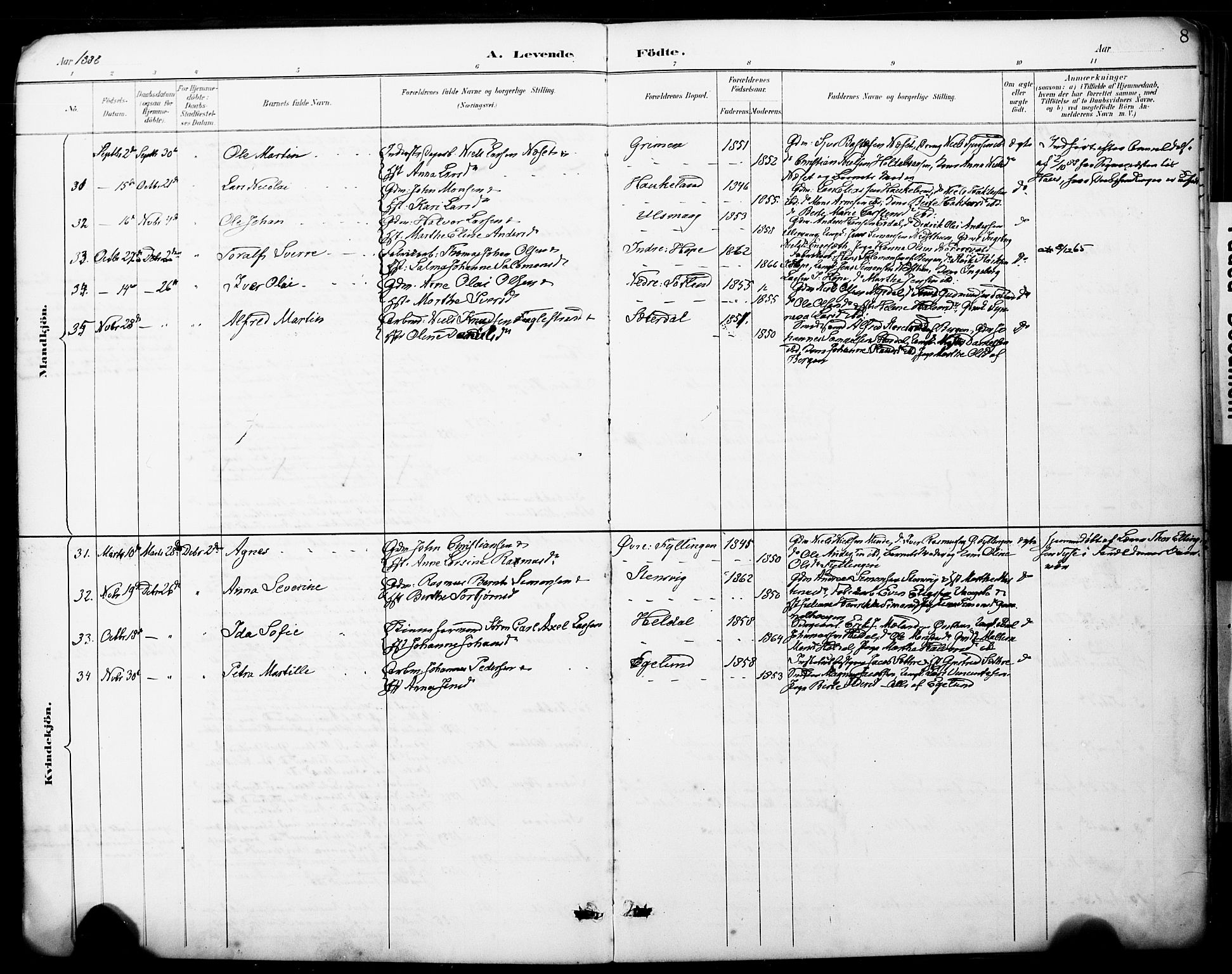 Fana Sokneprestembete, AV/SAB-A-75101/H/Haa/Haai/L0002: Parish register (official) no. I 2, 1888-1899, p. 8