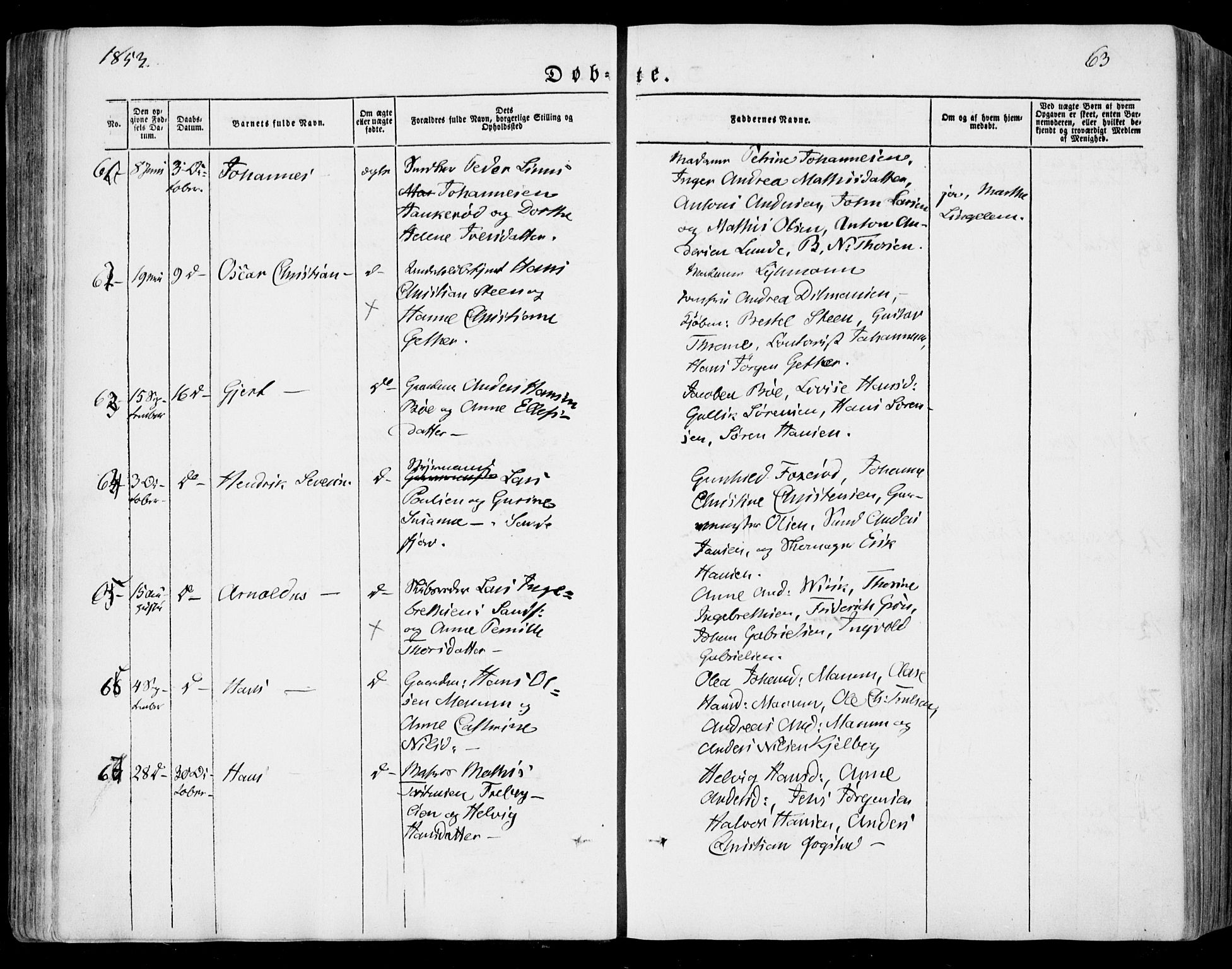 Sandar kirkebøker, SAKO/A-243/F/Fa/L0006: Parish register (official) no. 6, 1847-1860, p. 63