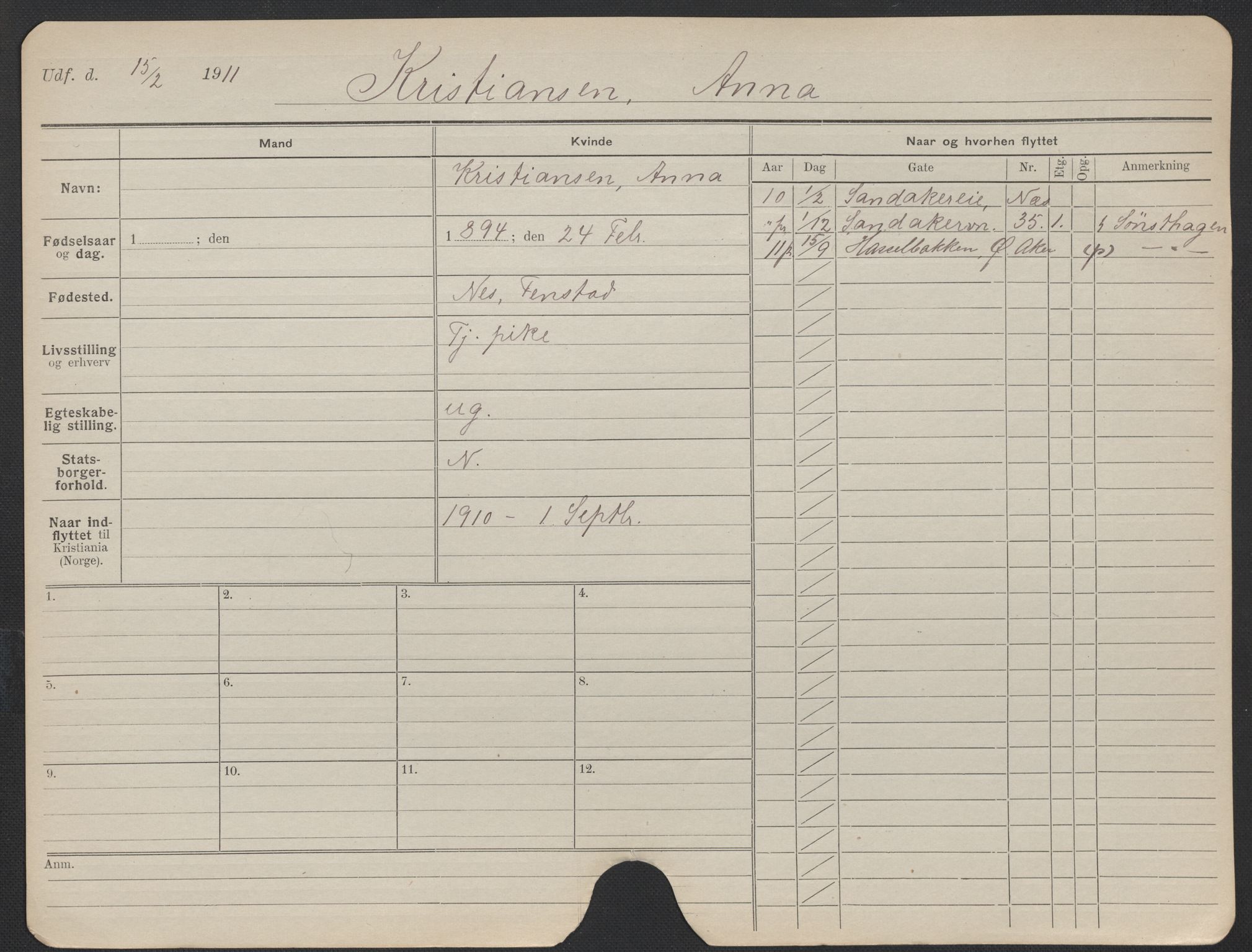 Oslo folkeregister, Registerkort, AV/SAO-A-11715/F/Fa/Fac/L0019: Kvinner, 1906-1914, p. 225a