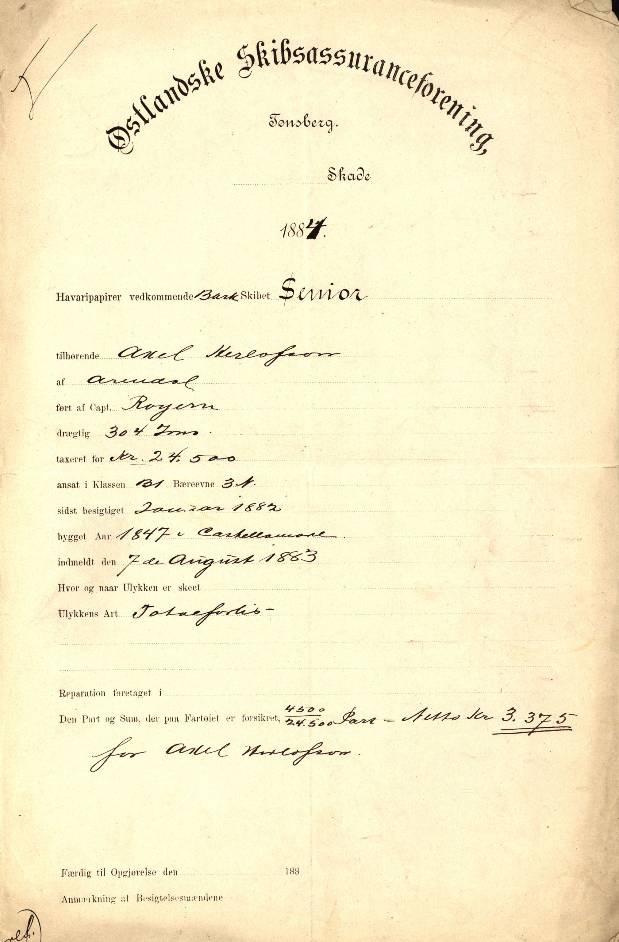 Pa 63 - Østlandske skibsassuranceforening, VEMU/A-1079/G/Ga/L0017/0005: Havaridokumenter / Signe, Hurra, Activ, Sjofna, Senior, Scandia, 1884, p. 74