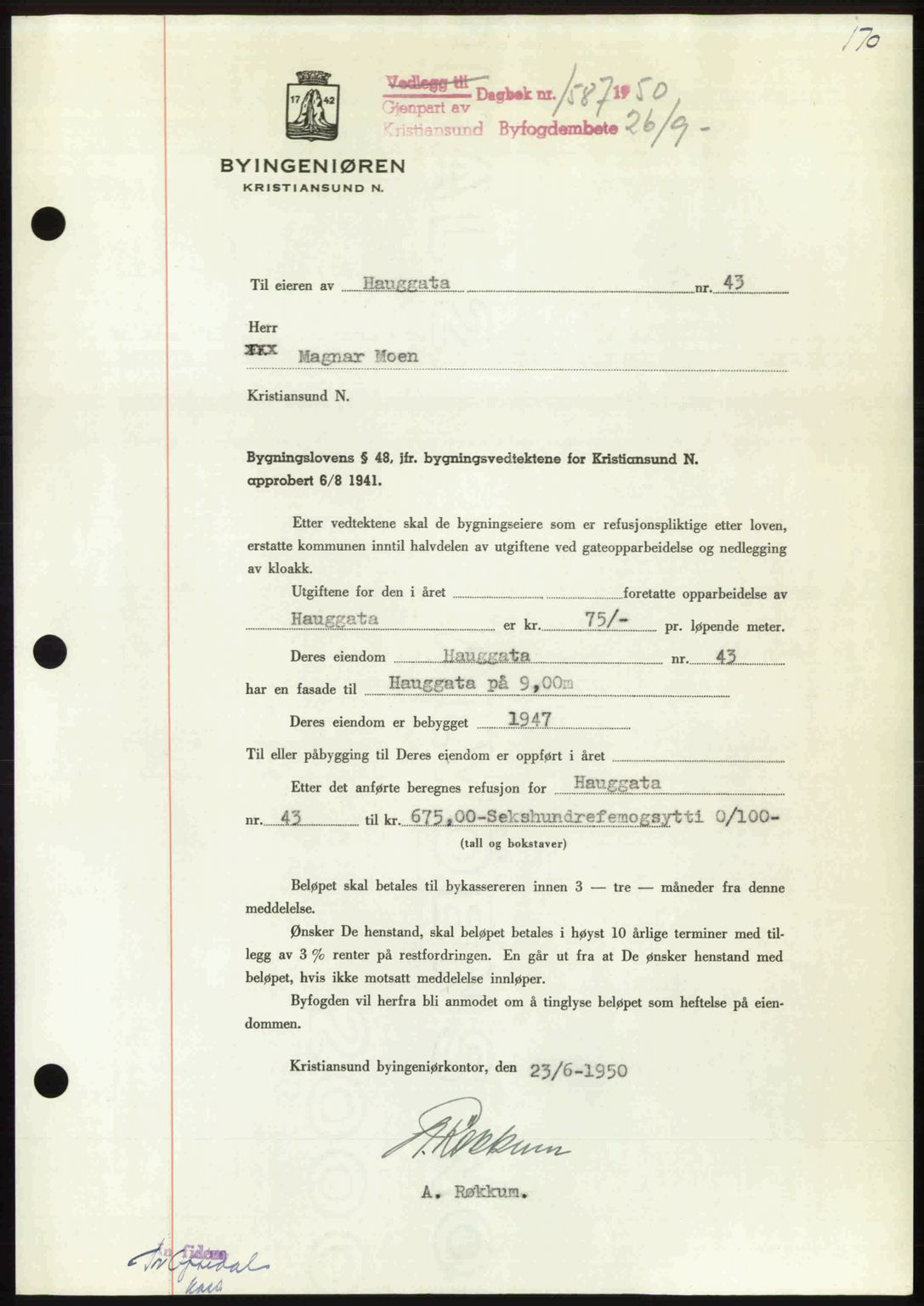 Kristiansund byfogd, AV/SAT-A-4587/A/27: Mortgage book no. 50, 1950-1950, Diary no: : 1587/1950