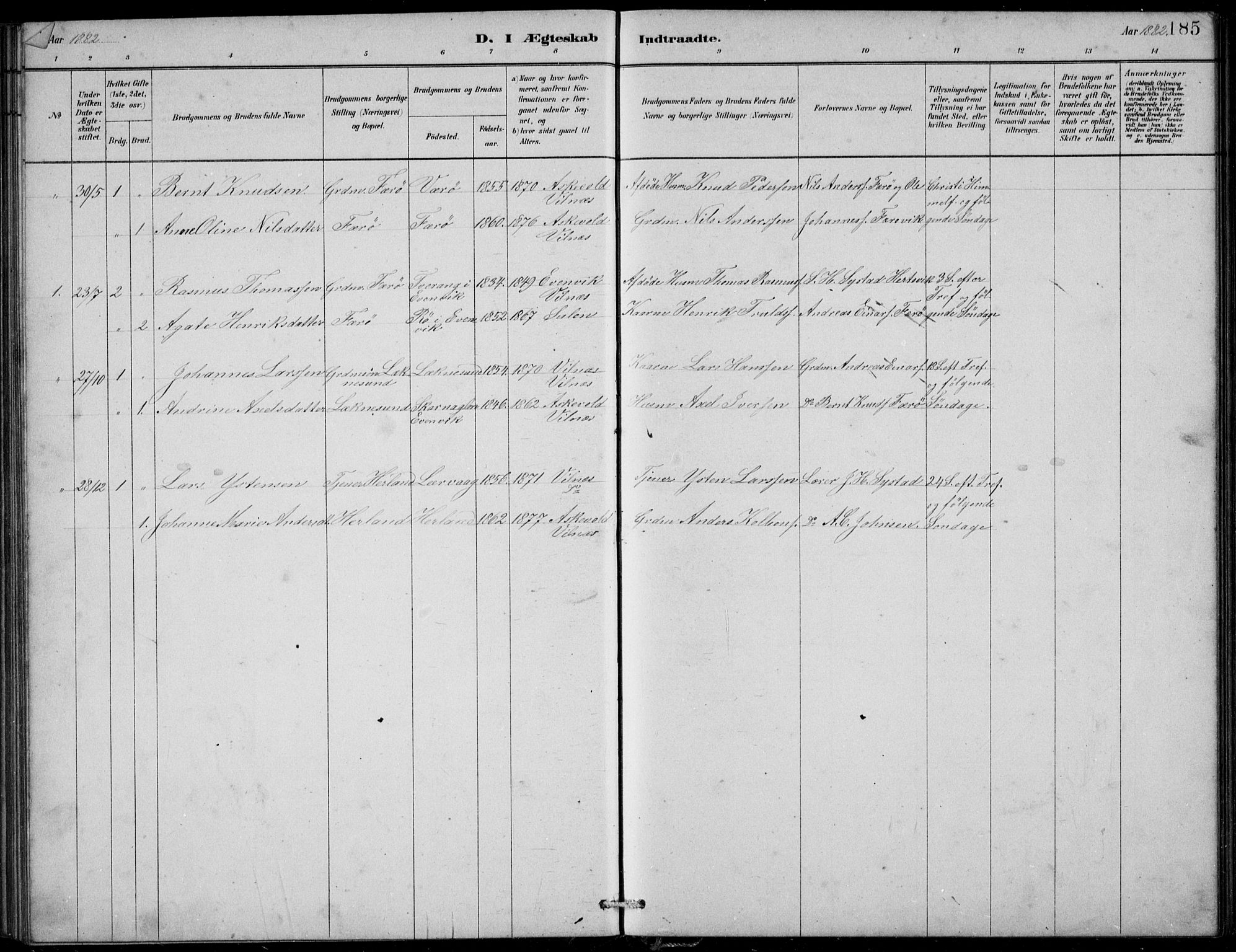 Askvoll sokneprestembete, SAB/A-79501/H/Hab/Habb/L0001: Parish register (copy) no. B 1, 1879-1909, p. 185