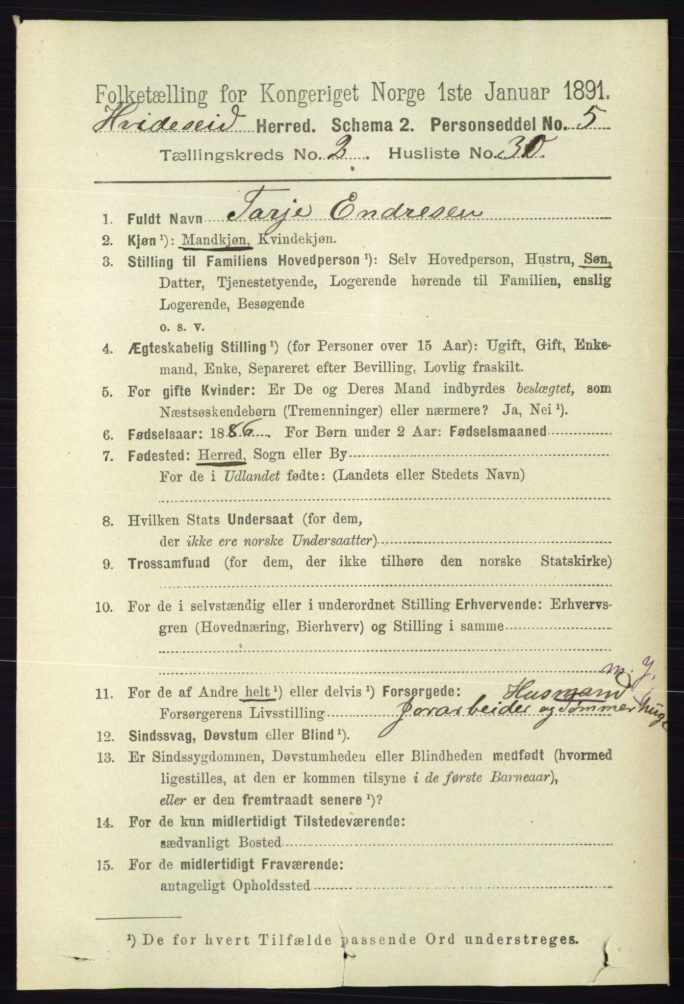 RA, 1891 census for 0829 Kviteseid, 1891, p. 459