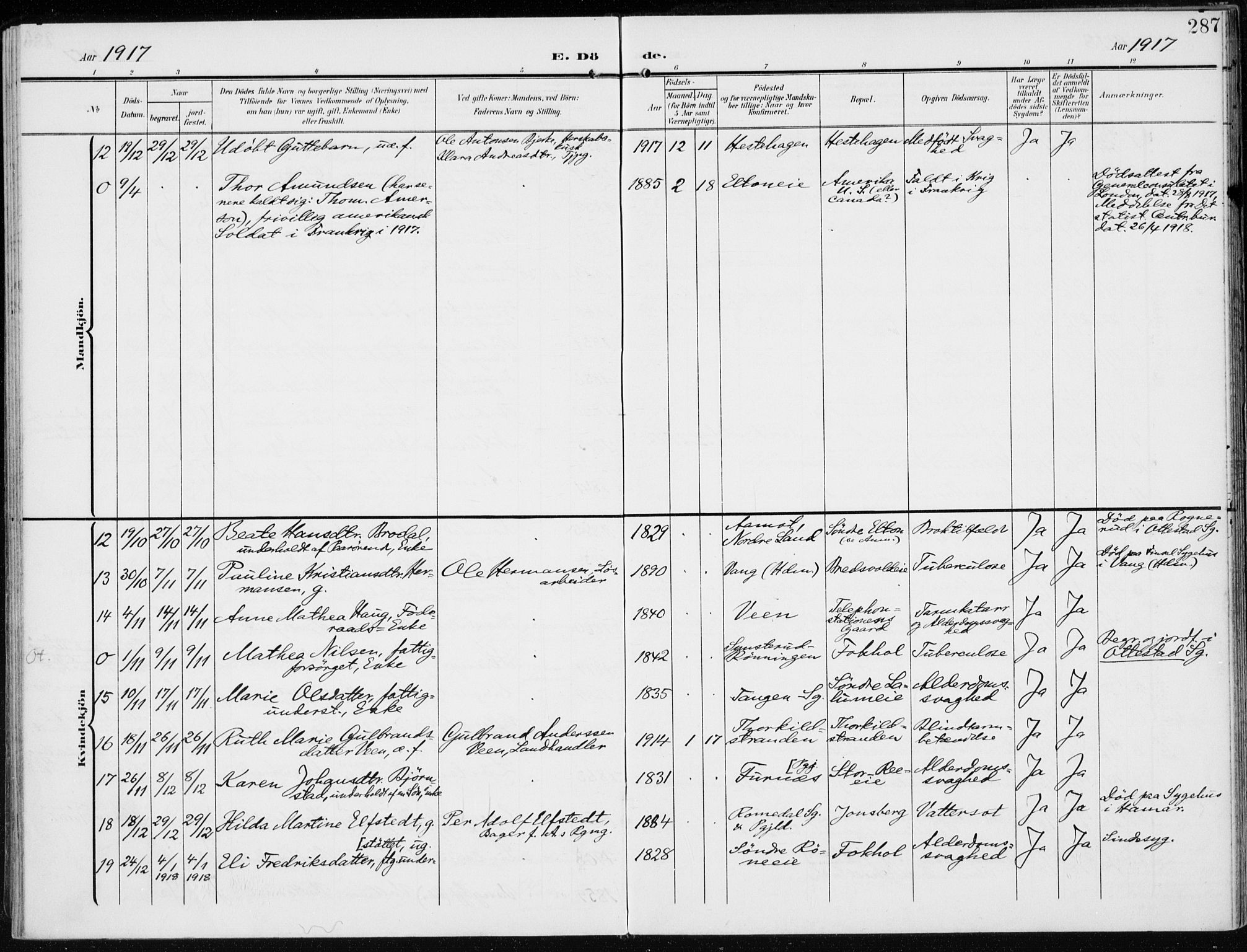 Stange prestekontor, AV/SAH-PREST-002/K/L0024: Parish register (official) no. 24, 1906-1922, p. 287