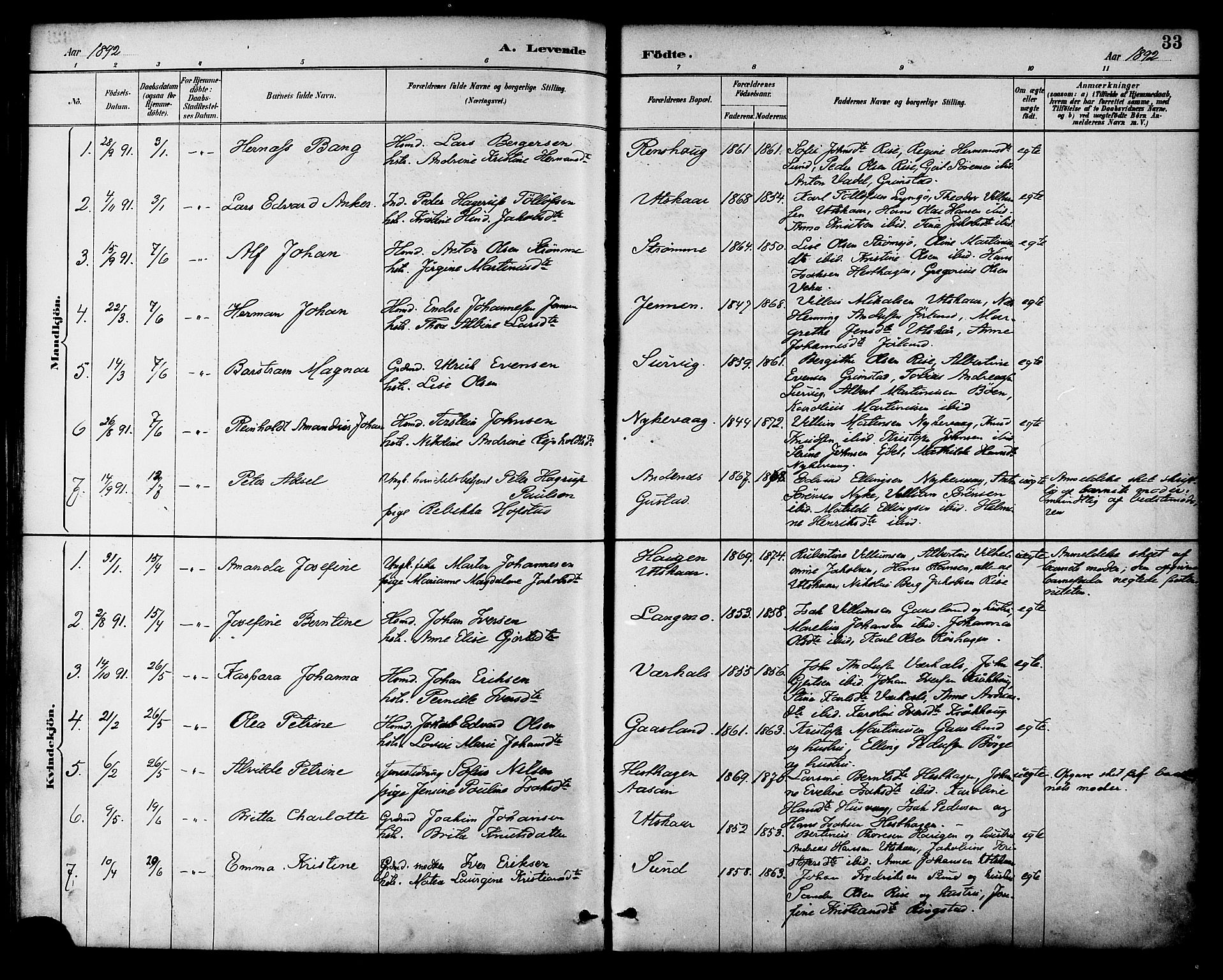 Ministerialprotokoller, klokkerbøker og fødselsregistre - Nordland, SAT/A-1459/892/L1320: Parish register (official) no. 892A01, 1886-1901, p. 33