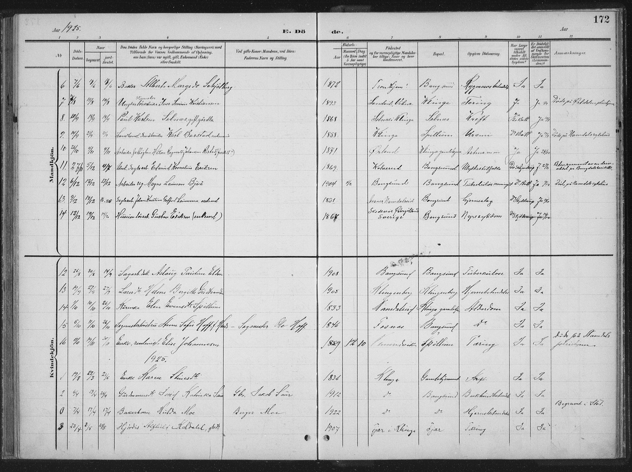 Ministerialprotokoller, klokkerbøker og fødselsregistre - Nord-Trøndelag, AV/SAT-A-1458/770/L0591: Parish register (copy) no. 770C02, 1902-1940, p. 172