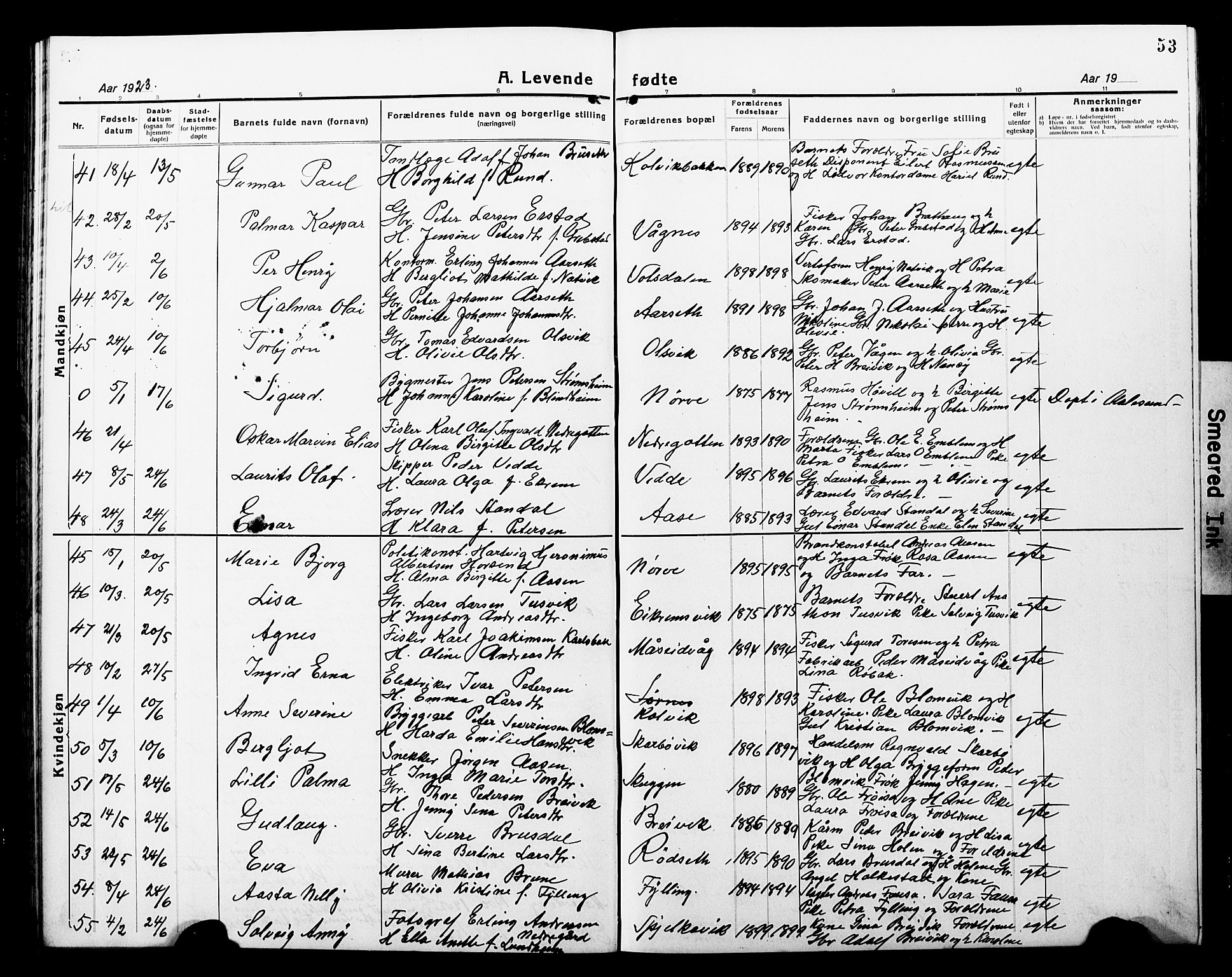 Ministerialprotokoller, klokkerbøker og fødselsregistre - Møre og Romsdal, AV/SAT-A-1454/528/L0434: Parish register (copy) no. 528C15, 1919-1927, p. 53