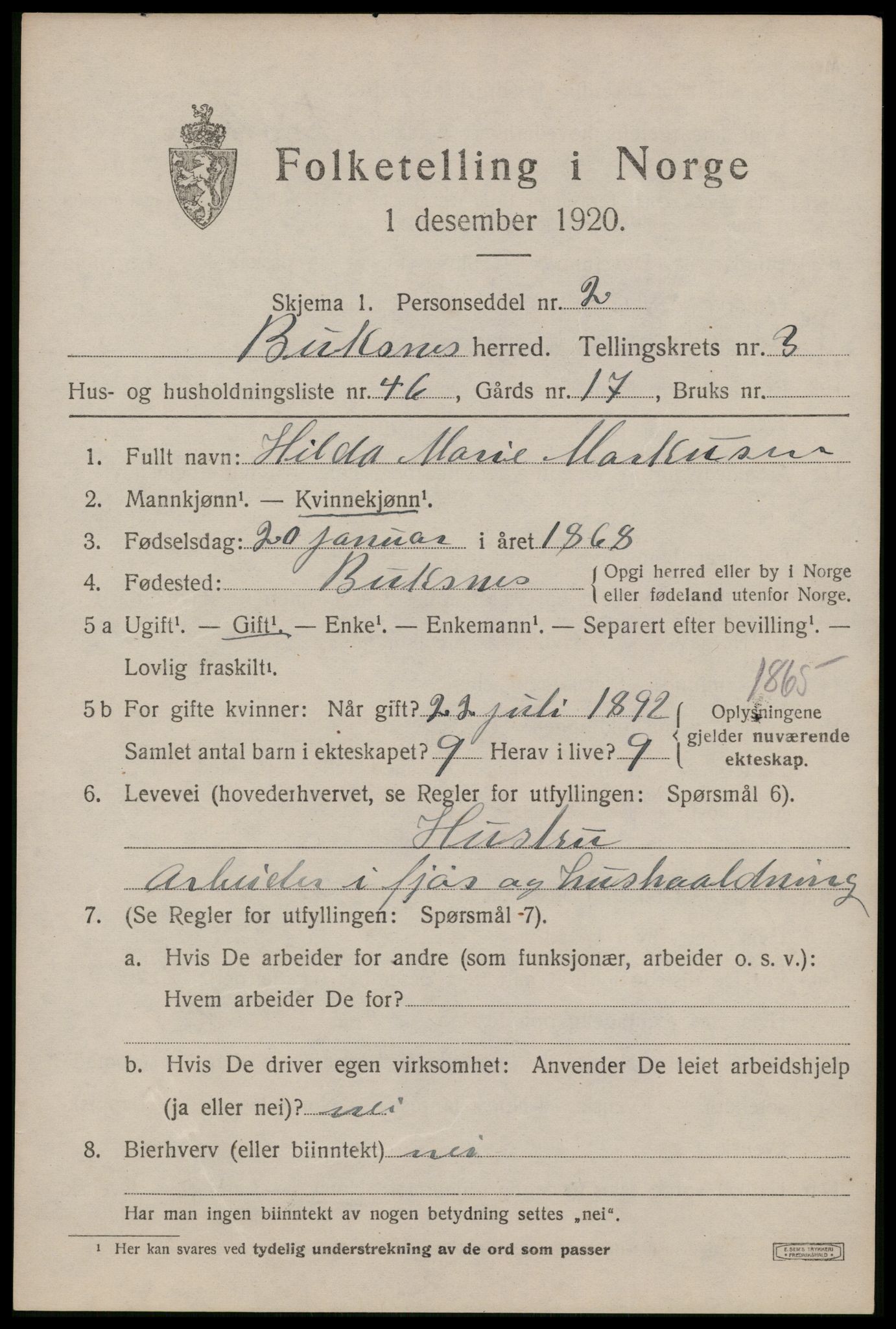 SAT, 1920 census for Buksnes, 1920, p. 3935