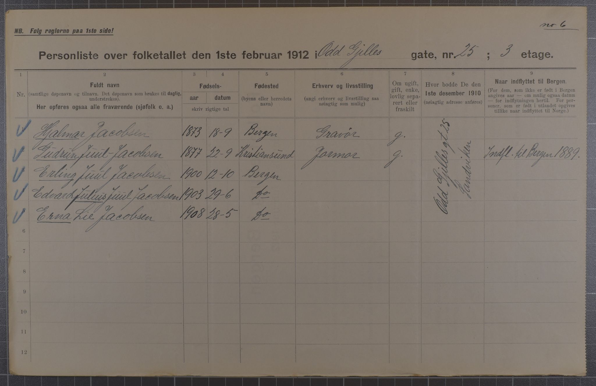 SAB, Municipal Census 1912 for Bergen, 1912, p. 182