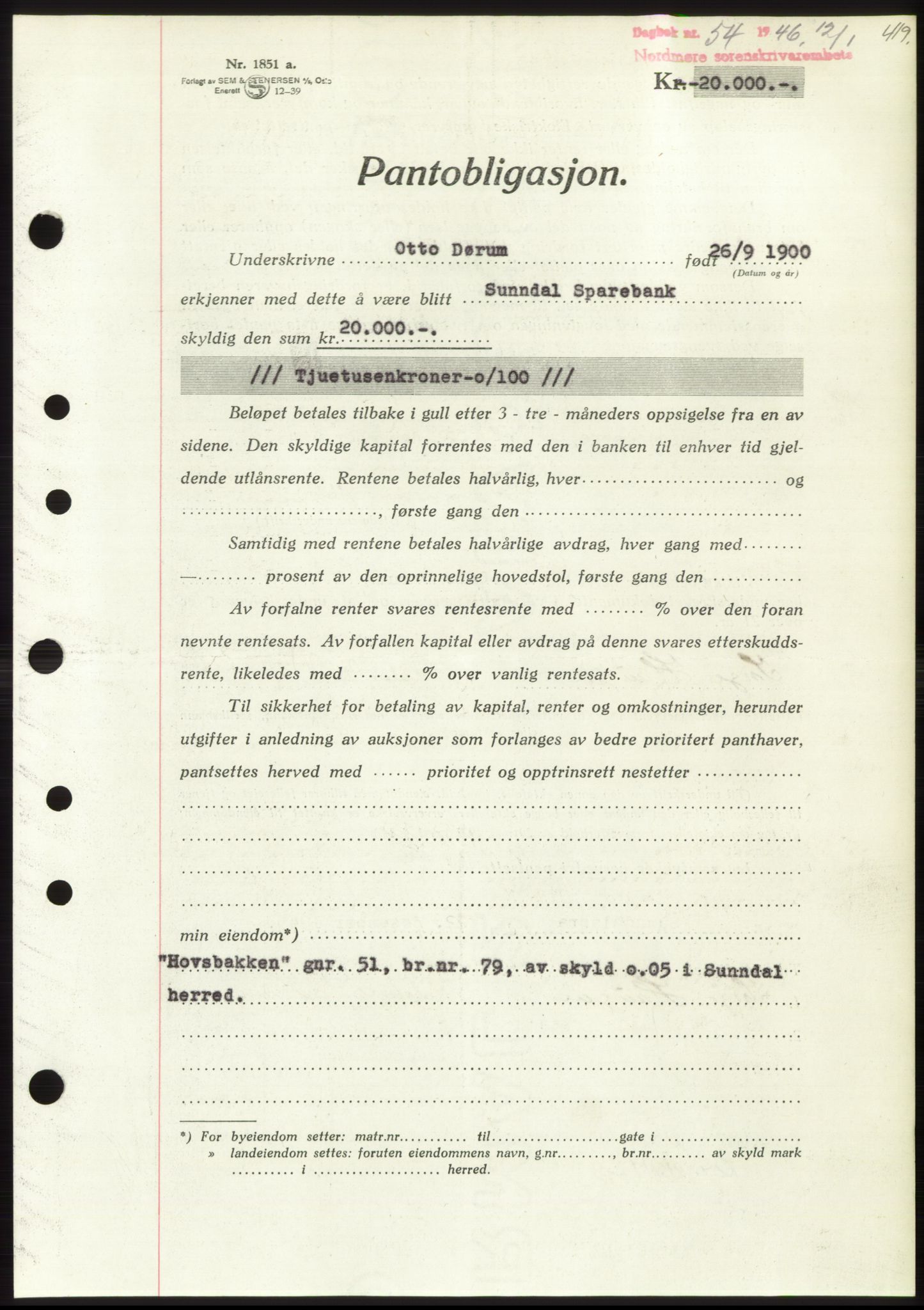 Nordmøre sorenskriveri, AV/SAT-A-4132/1/2/2Ca: Mortgage book no. B93b, 1946-1946, Diary no: : 54/1946