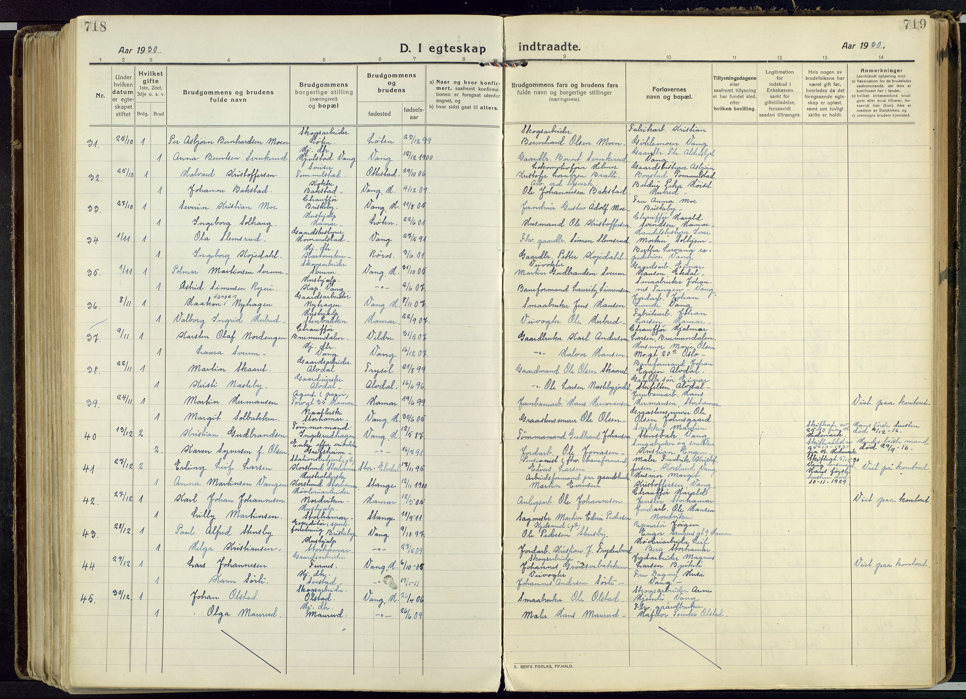 Vang prestekontor, Hedmark, SAH/PREST-008/H/Ha/Haa/L0022: Parish register (official) no. 22, 1918-1944, p. 718-719
