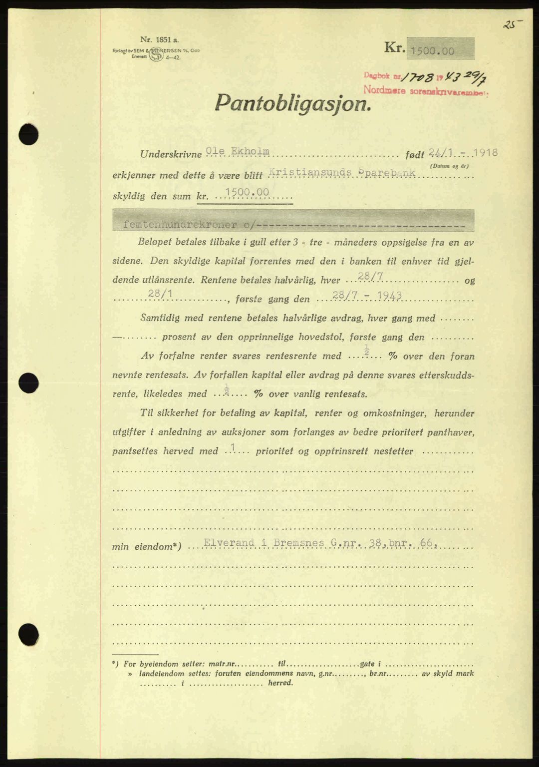 Nordmøre sorenskriveri, AV/SAT-A-4132/1/2/2Ca: Mortgage book no. B91, 1943-1944, Diary no: : 1708/1943