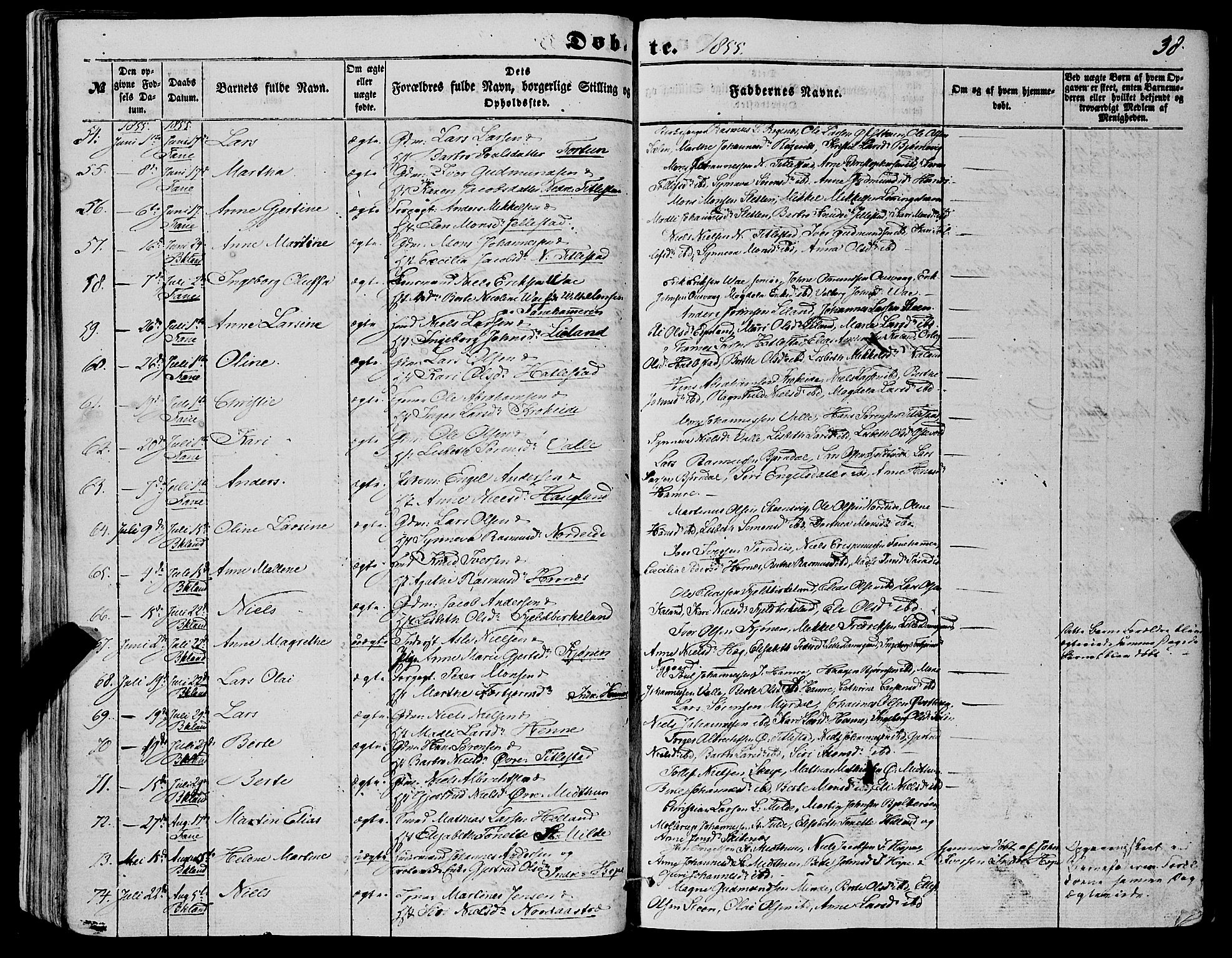 Fana Sokneprestembete, AV/SAB-A-75101/H/Haa/Haaa/L0011: Parish register (official) no. A 11, 1851-1862, p. 38