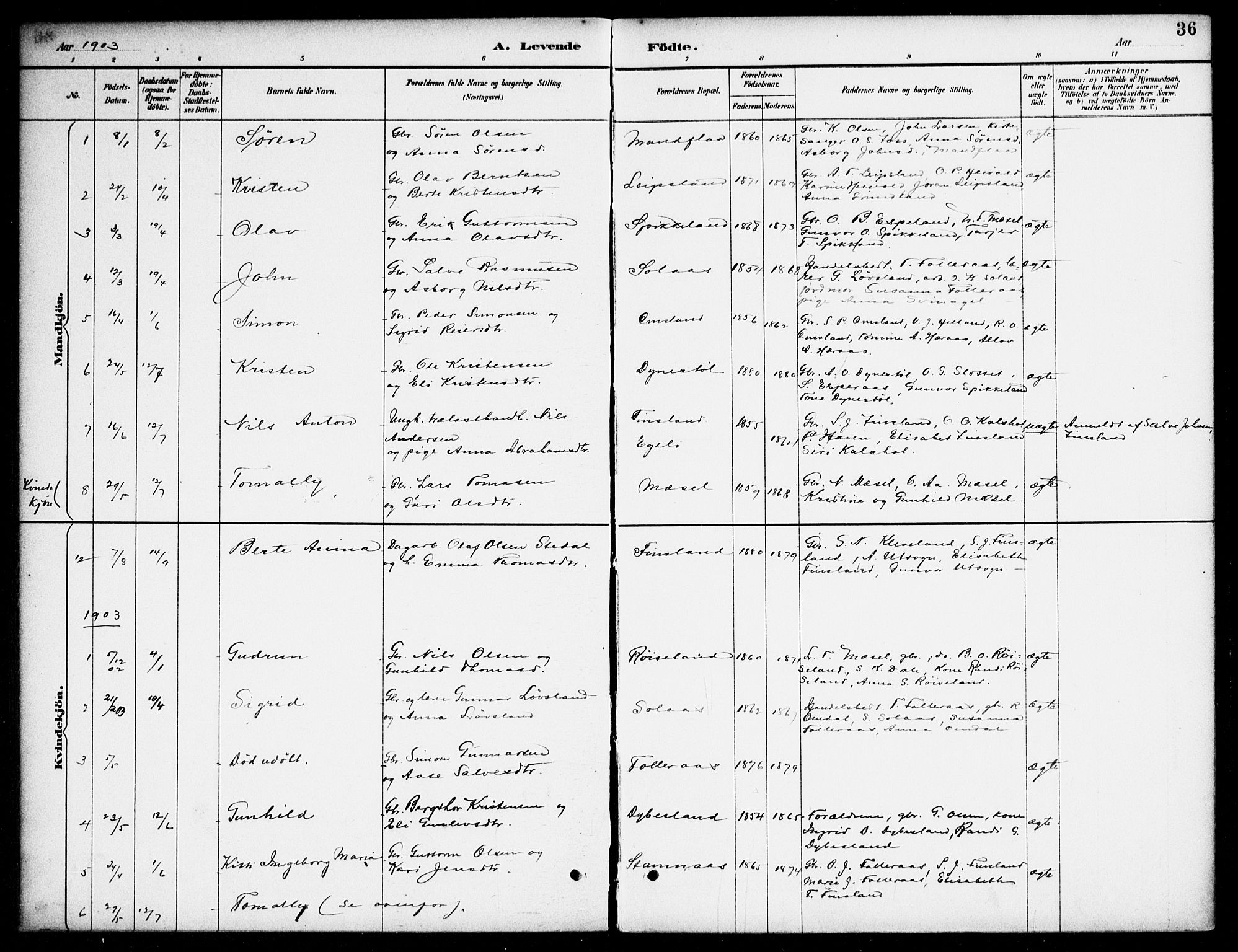 Bjelland sokneprestkontor, AV/SAK-1111-0005/F/Fa/Fab/L0004: Parish register (official) no. A 4, 1887-1920, p. 36