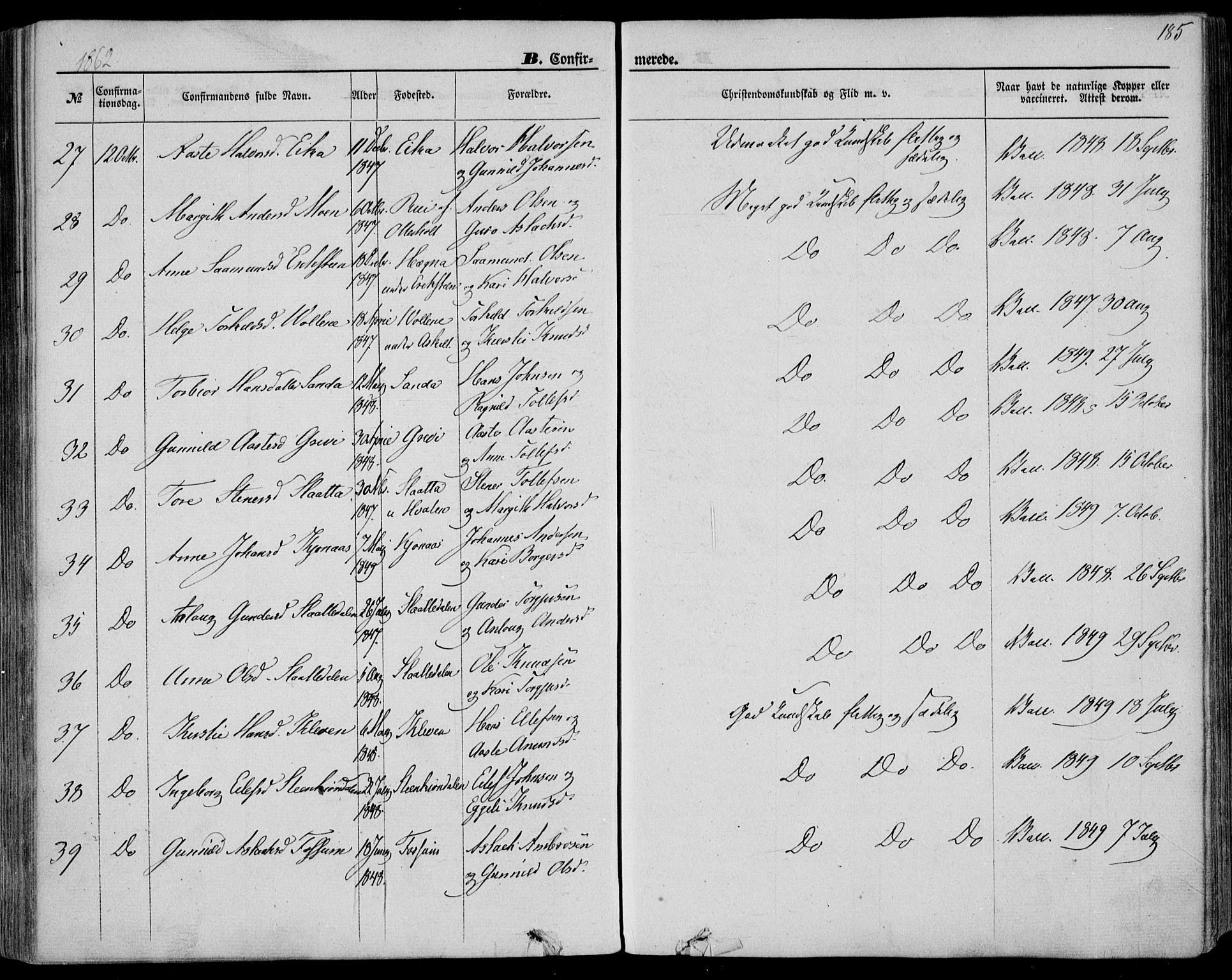 Bø kirkebøker, SAKO/A-257/F/Fa/L0009: Parish register (official) no. 9, 1862-1879, p. 185